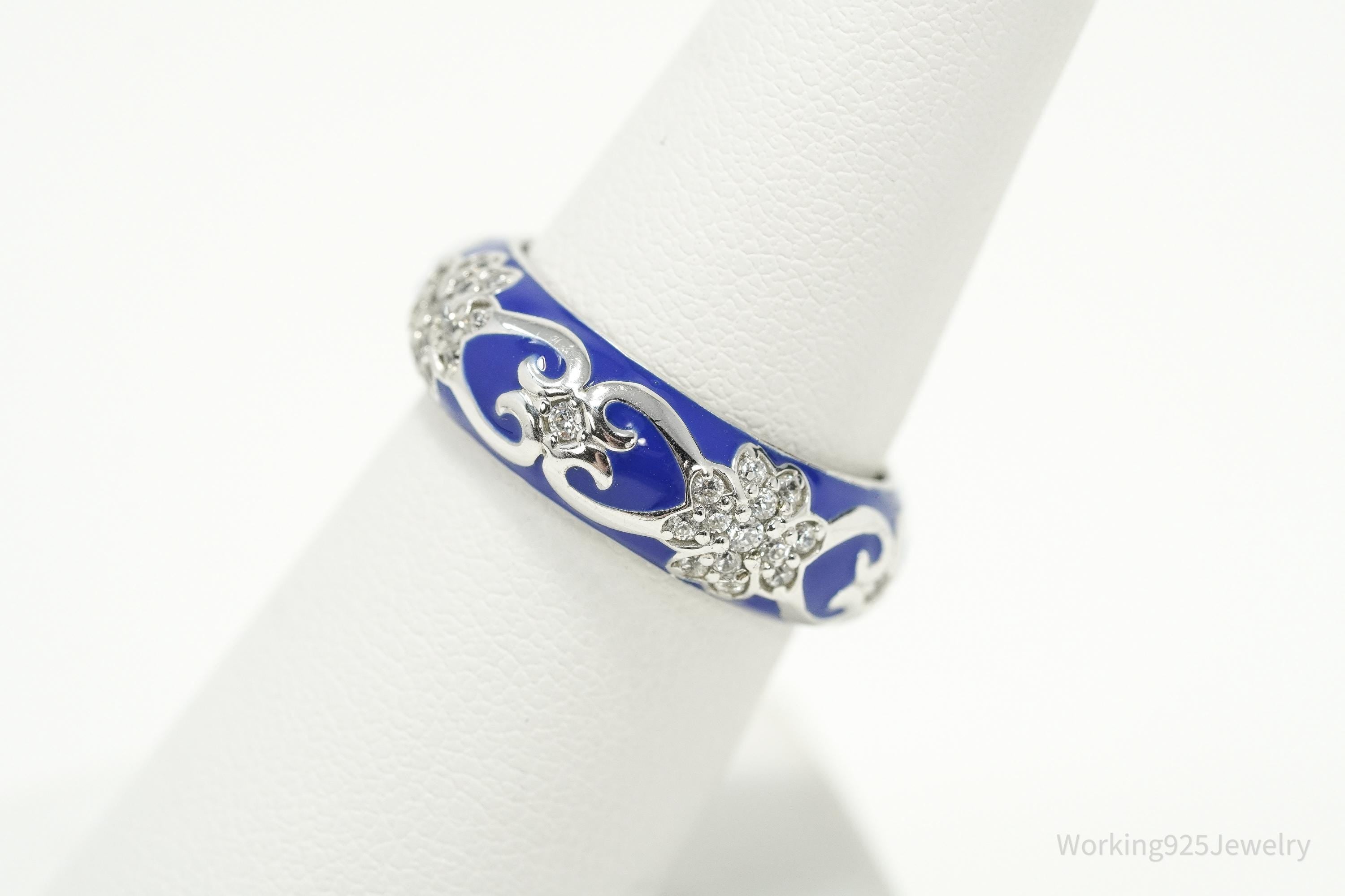 Y2K Blue Enamel & Cubic Zirconia Sterling Silver Band Ring – Size 7.25