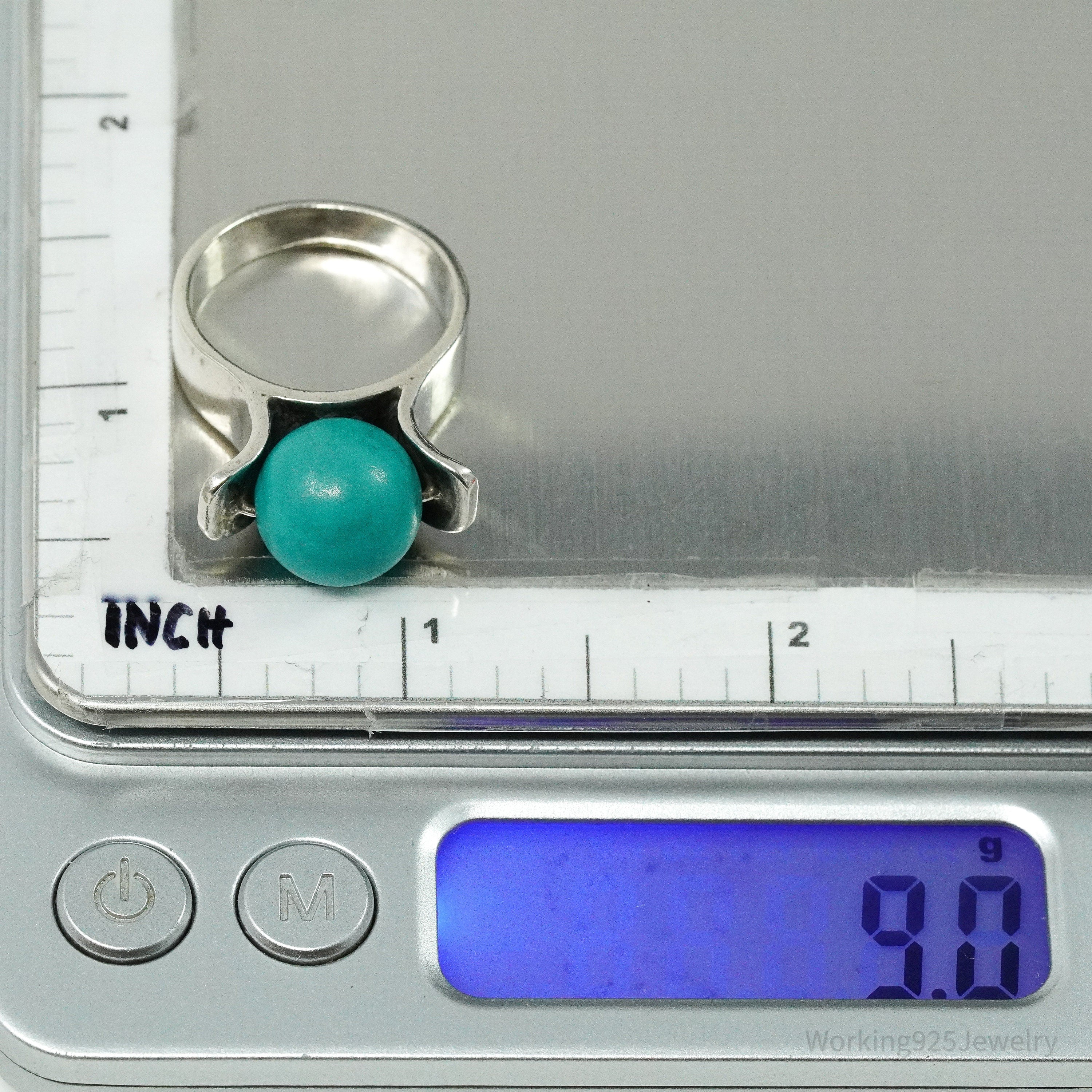 Vintage Spinning Turquoise Ball Modernist Sterling Silver Ring - Size 8