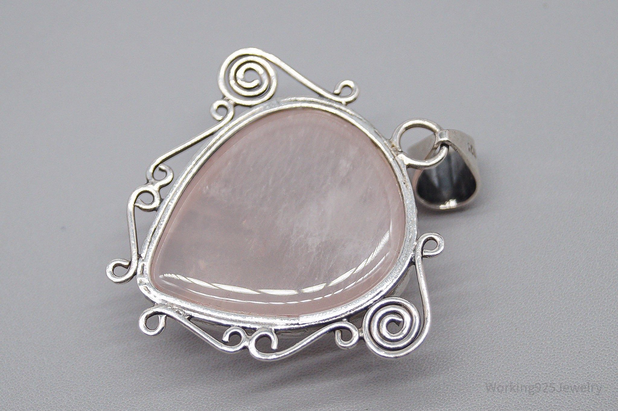 Large Vintage Rose Quartz Sterling Silver Pendant
