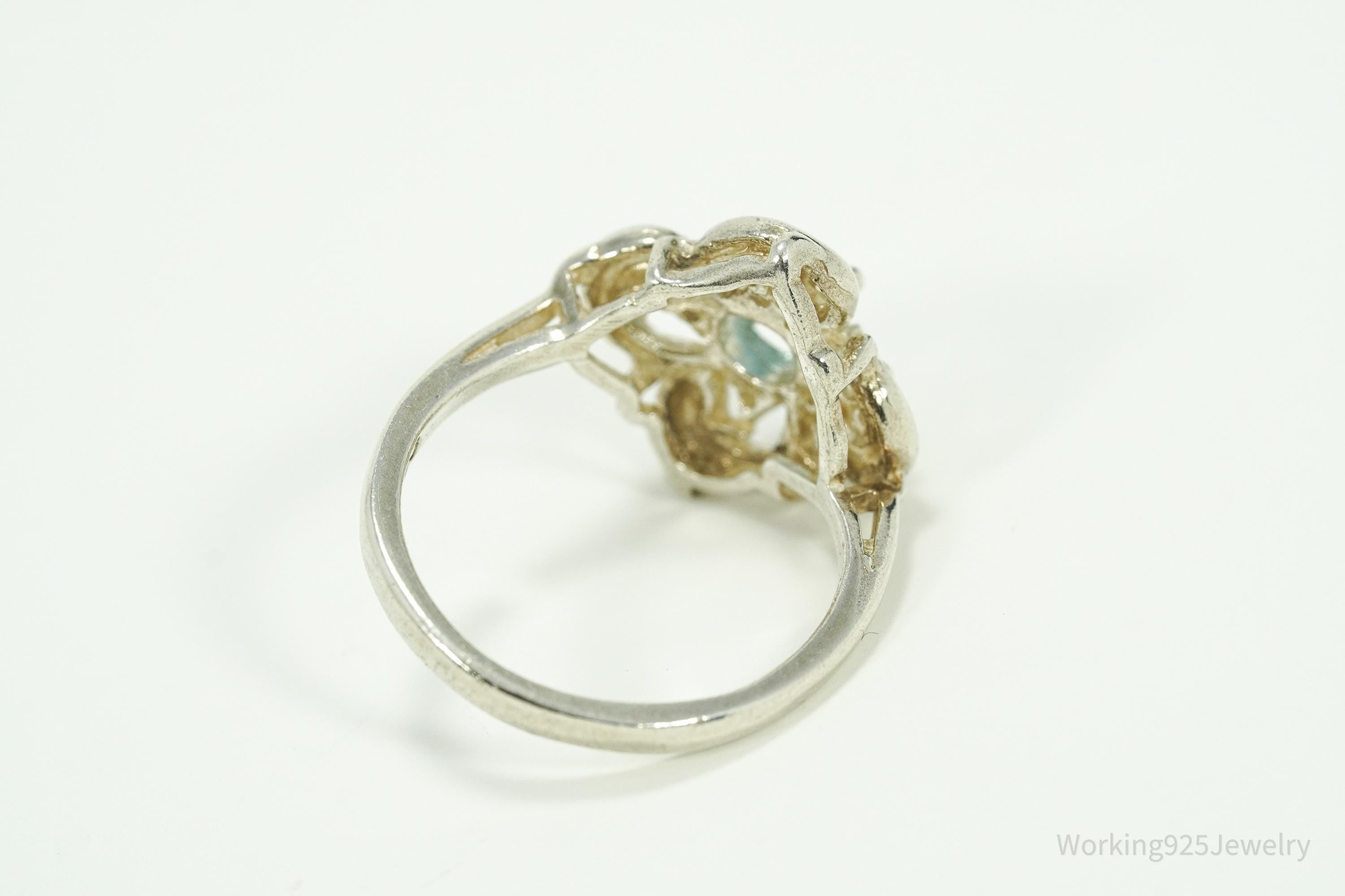 Vintage Blue Topaz & Cubic Zirconia Dolphins Sterling Silver Ring - Size 7