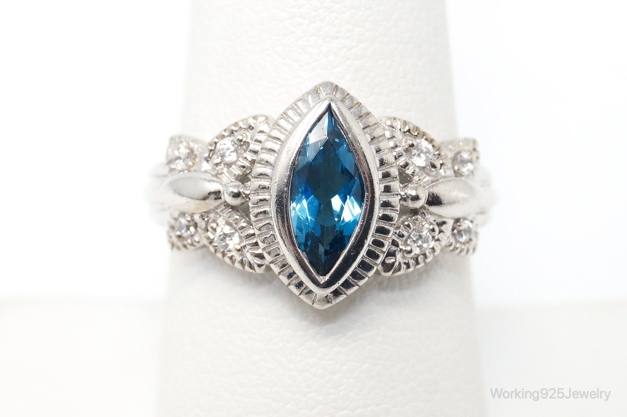 Vintage London Blue Topaz Cubic Zirconia Ring Sterling Silver - Size 7.75