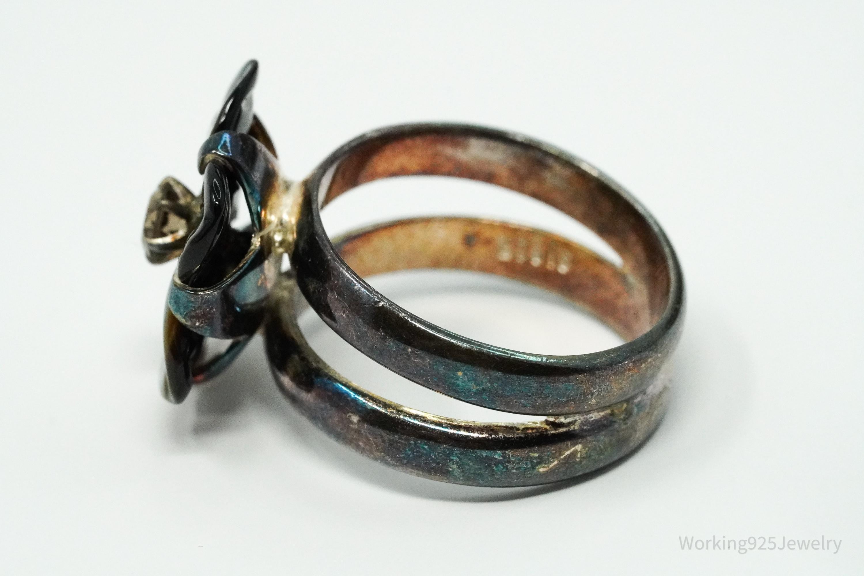 Vintage Black Mother Of Pearl & Smoke Topaz Flower Sterling Silver Ring - Size 8