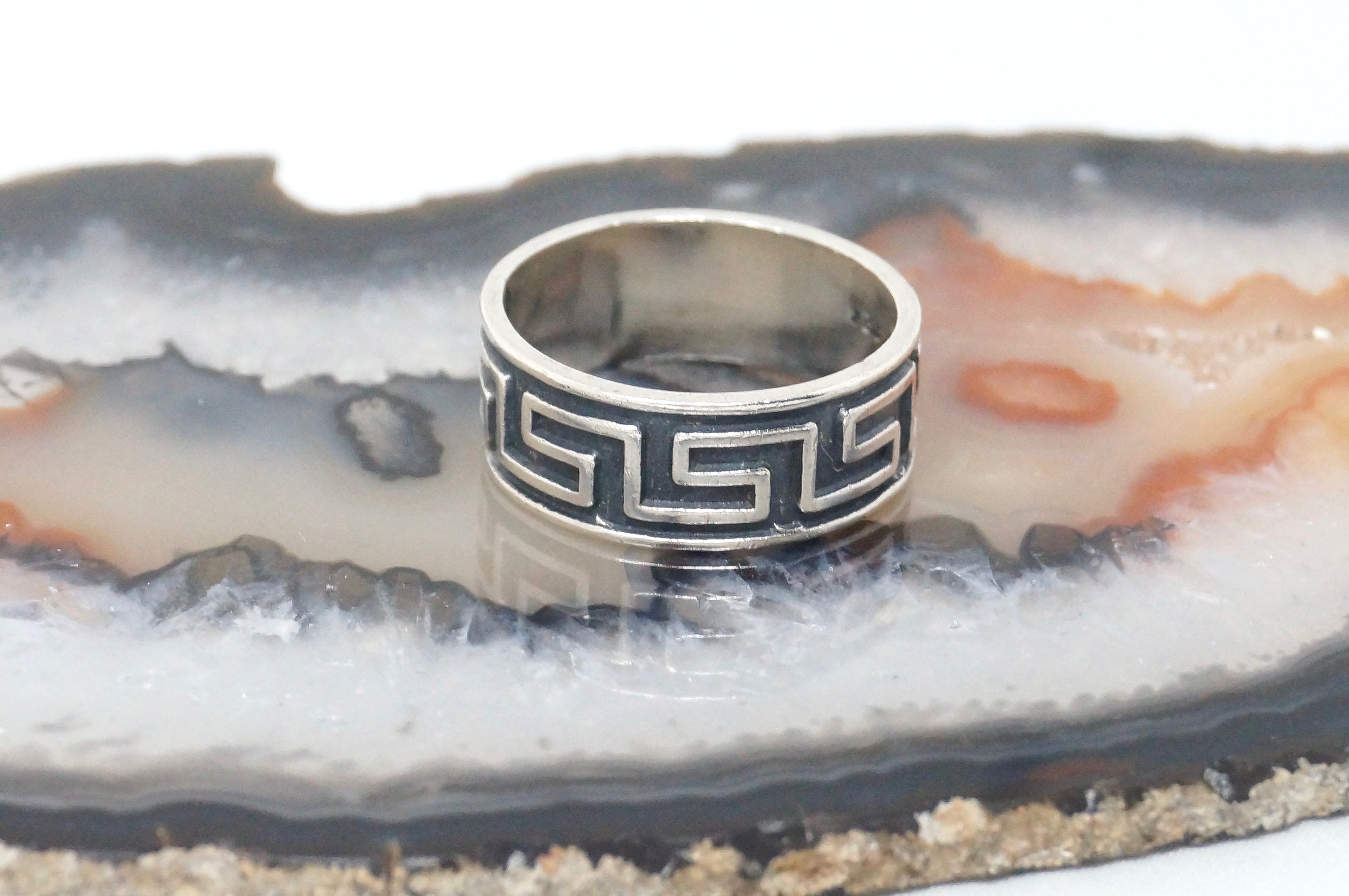 Vintage Mexico Oxidized Style Key Zig Zag Sterling Silver Band Ring - Size 8.75