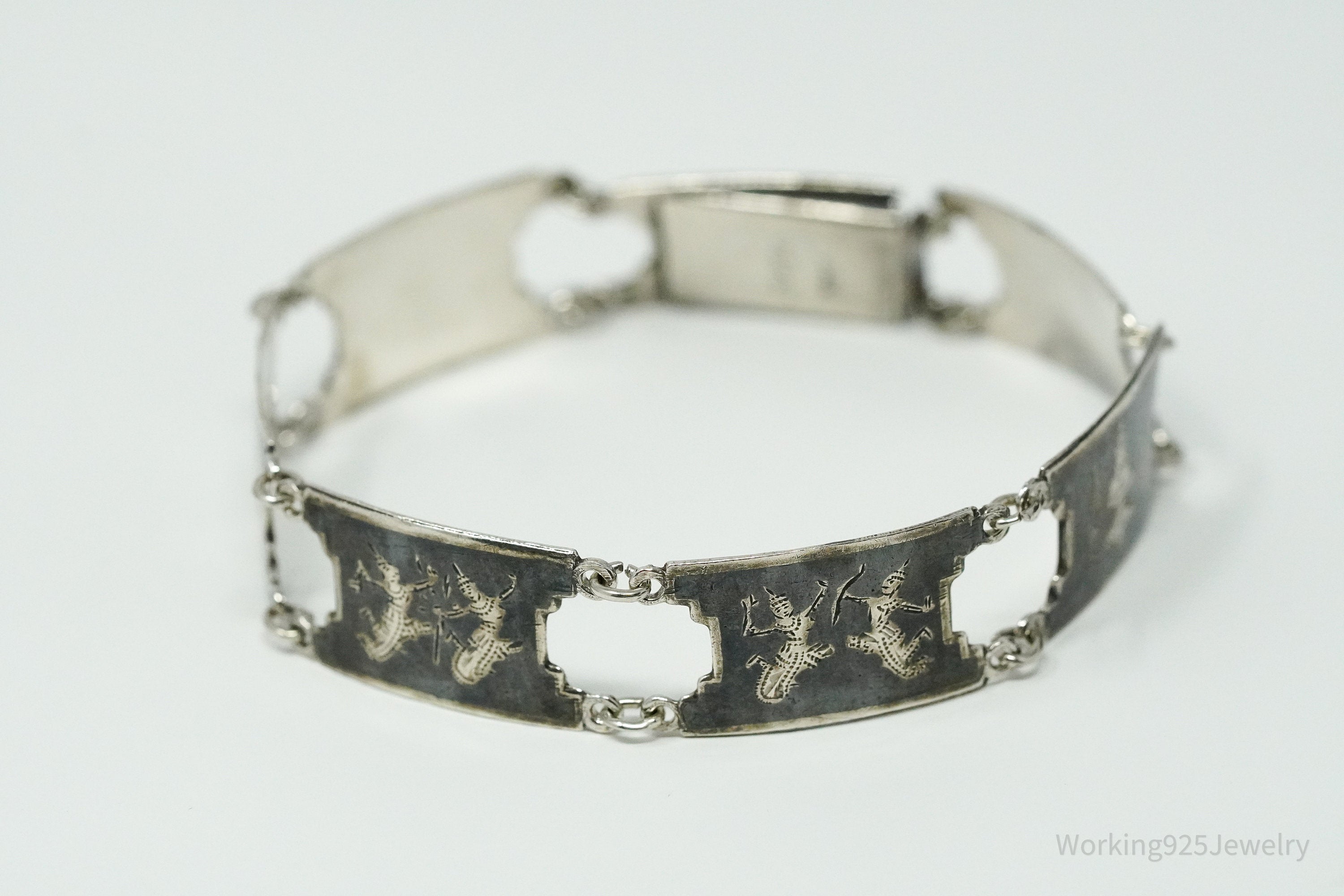 Vintage SIAM Enamel Lightening Dancers Sterling Silver Bracelet 7.25"