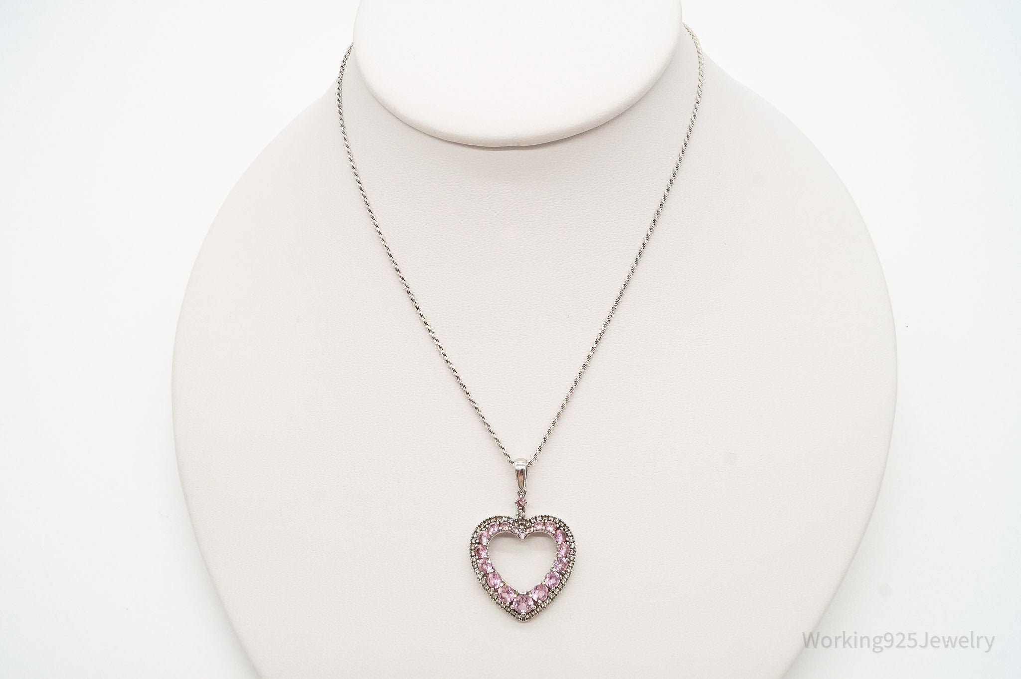 Vintage Pink & White Cubic Zirconia Heart Sterling Silver Necklace