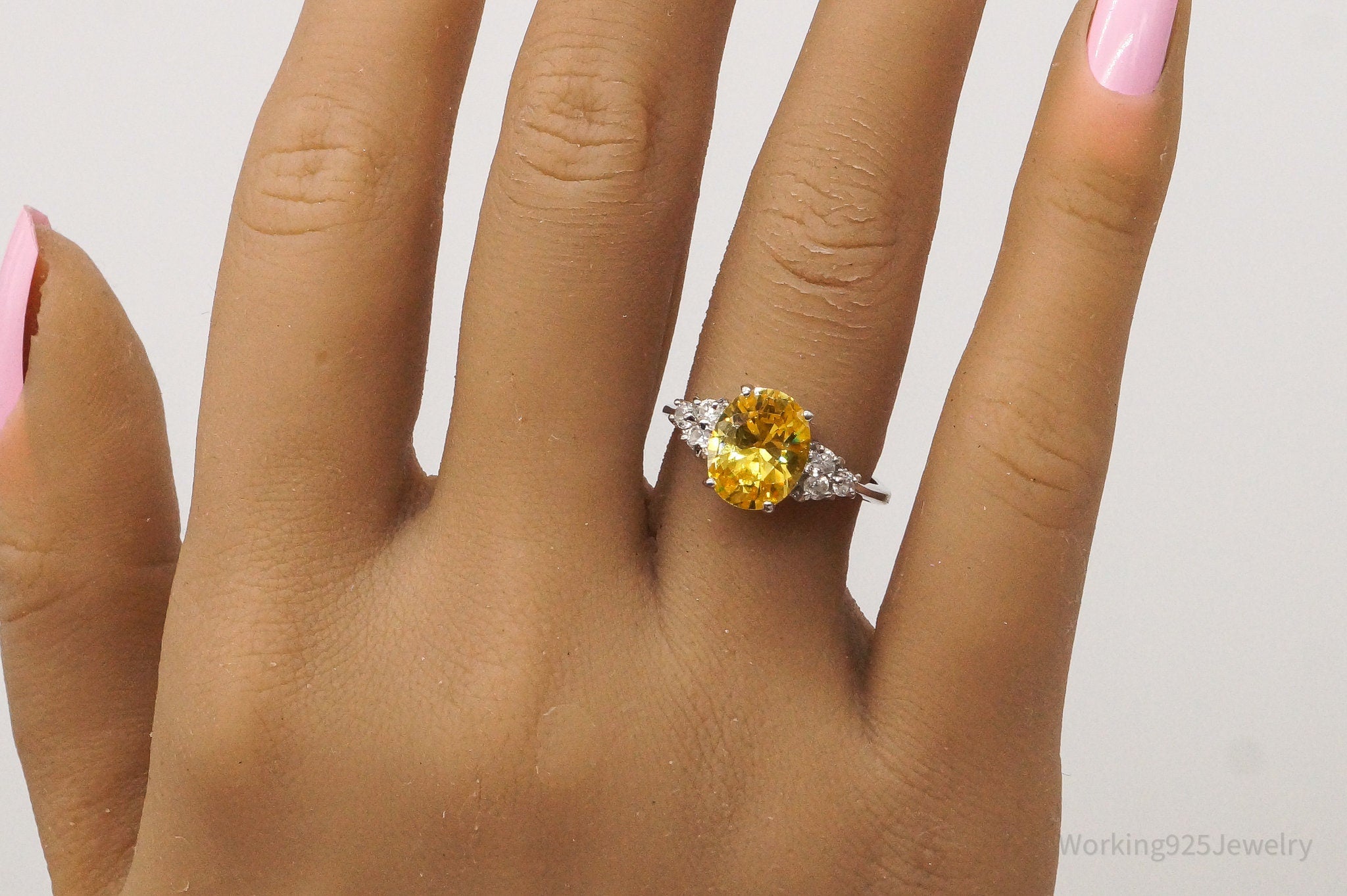 Vintage Yellow & White Cubic Zirconia Sterling Silver Ring - Size 7