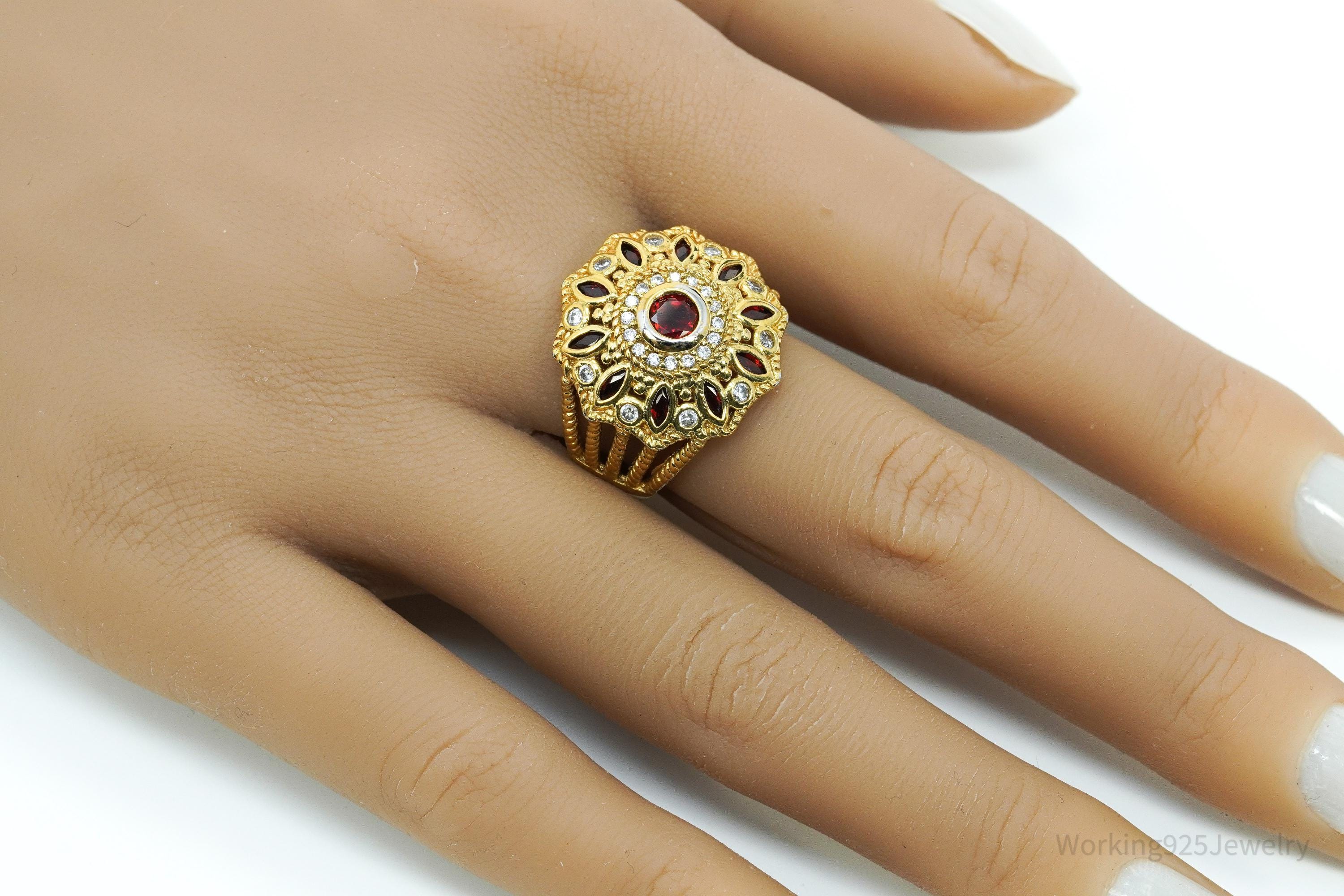 Almandine Garnet & Cubic Zirconia Gold Over Sterling Silver Ring Size 8.75