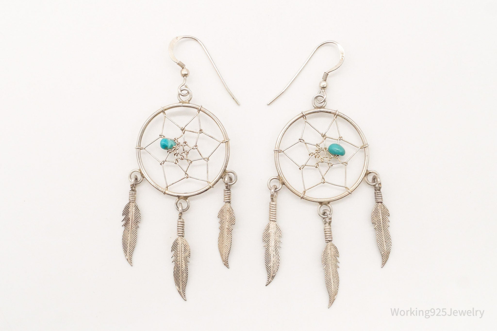 Vintage Native American Turquoise Dream Catcher Sterling Silver Earrings