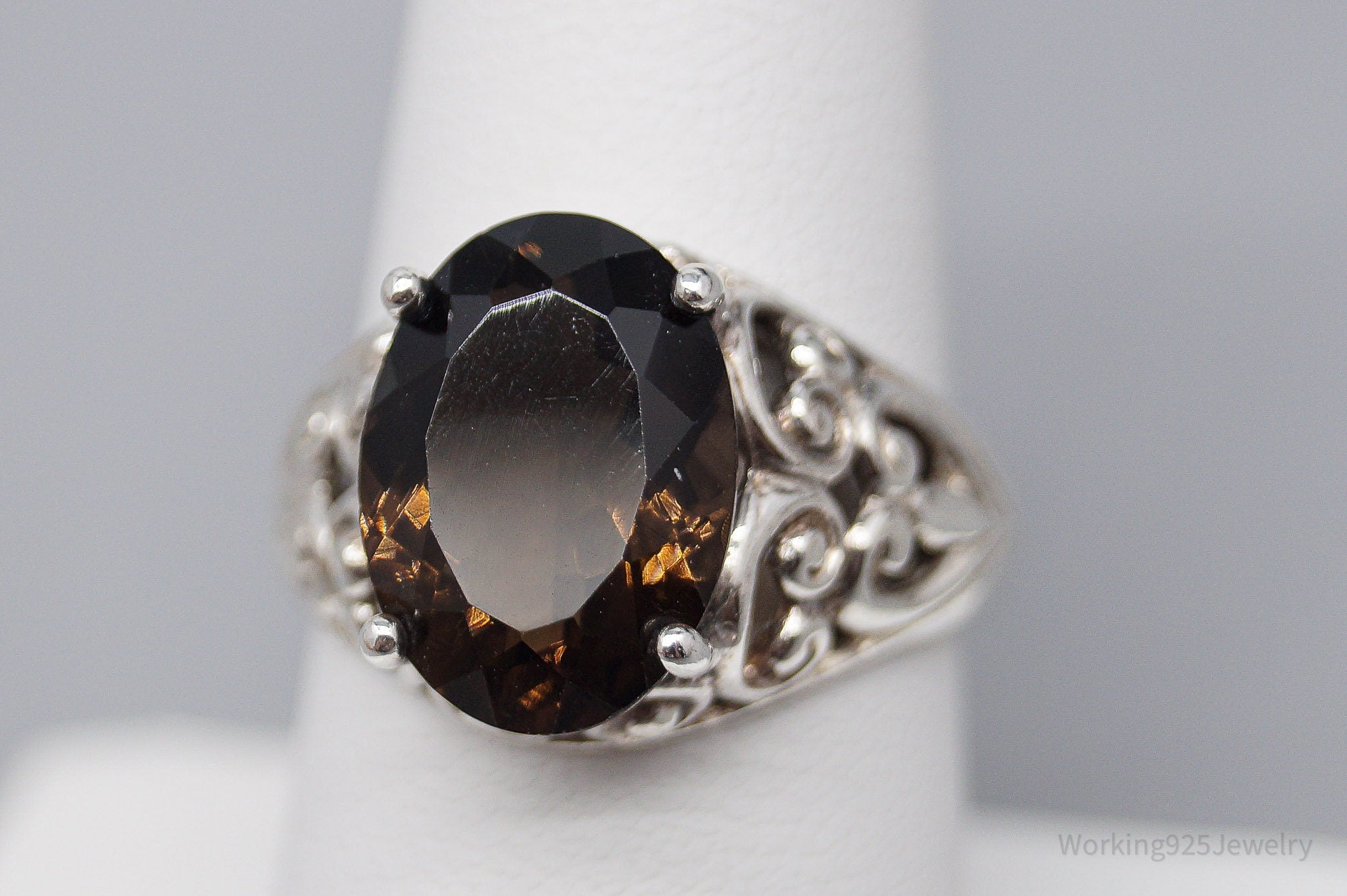 Vintage Large Smoky Topaz Sterling Silver Ring - Size 7.75