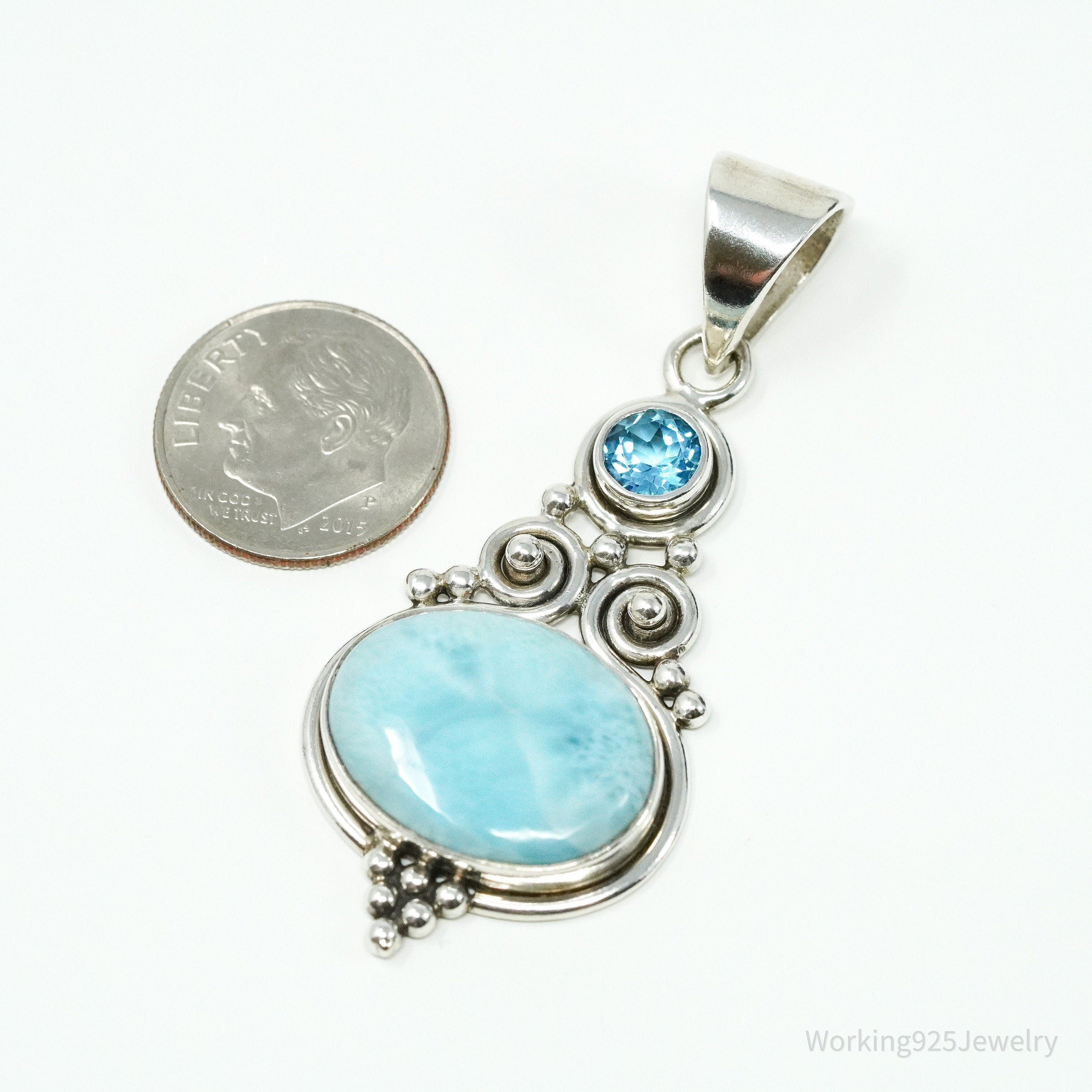 Vintage Designer SJ Blue Larimar & Blue Topaz Sterling Silver Pendant