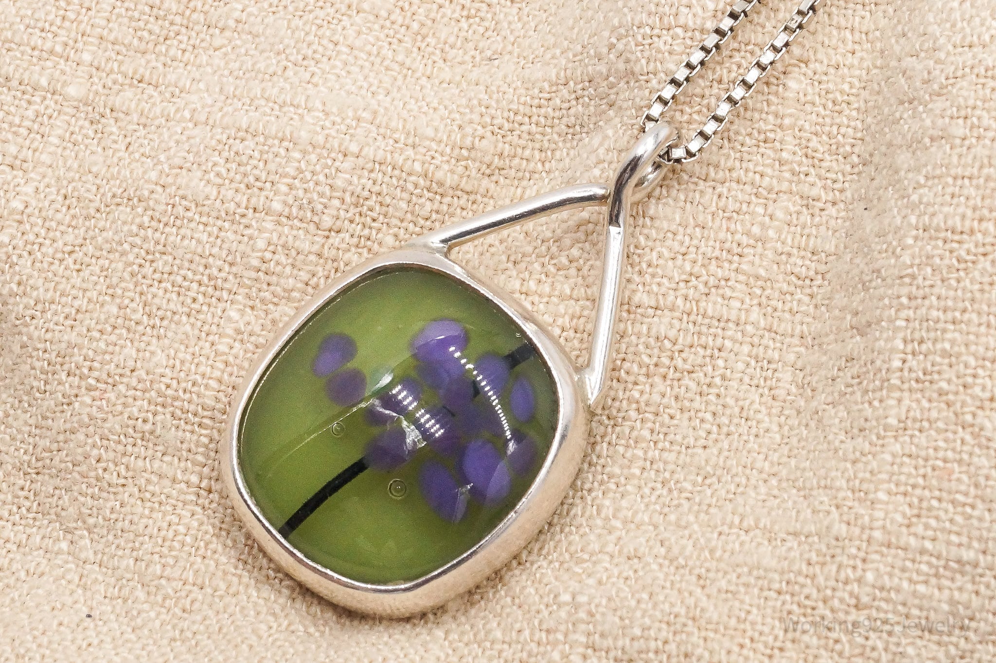 Vintage Abstract Glass Sterling Silver Necklace 17"