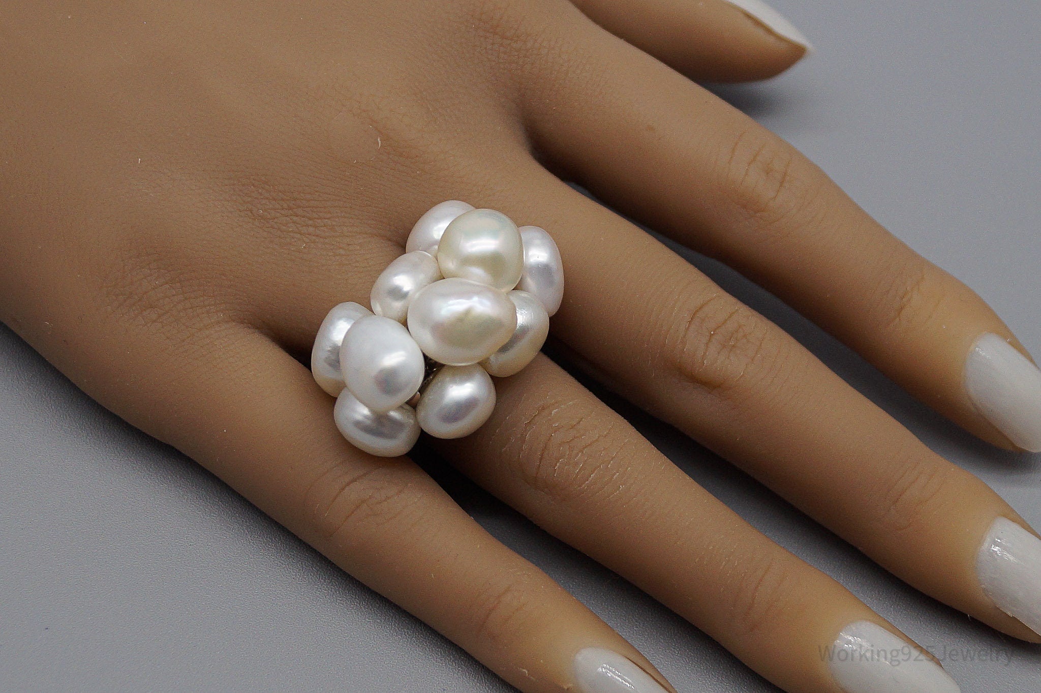Vintage Pearl Cluster Sterling Silver Ring - Size 7