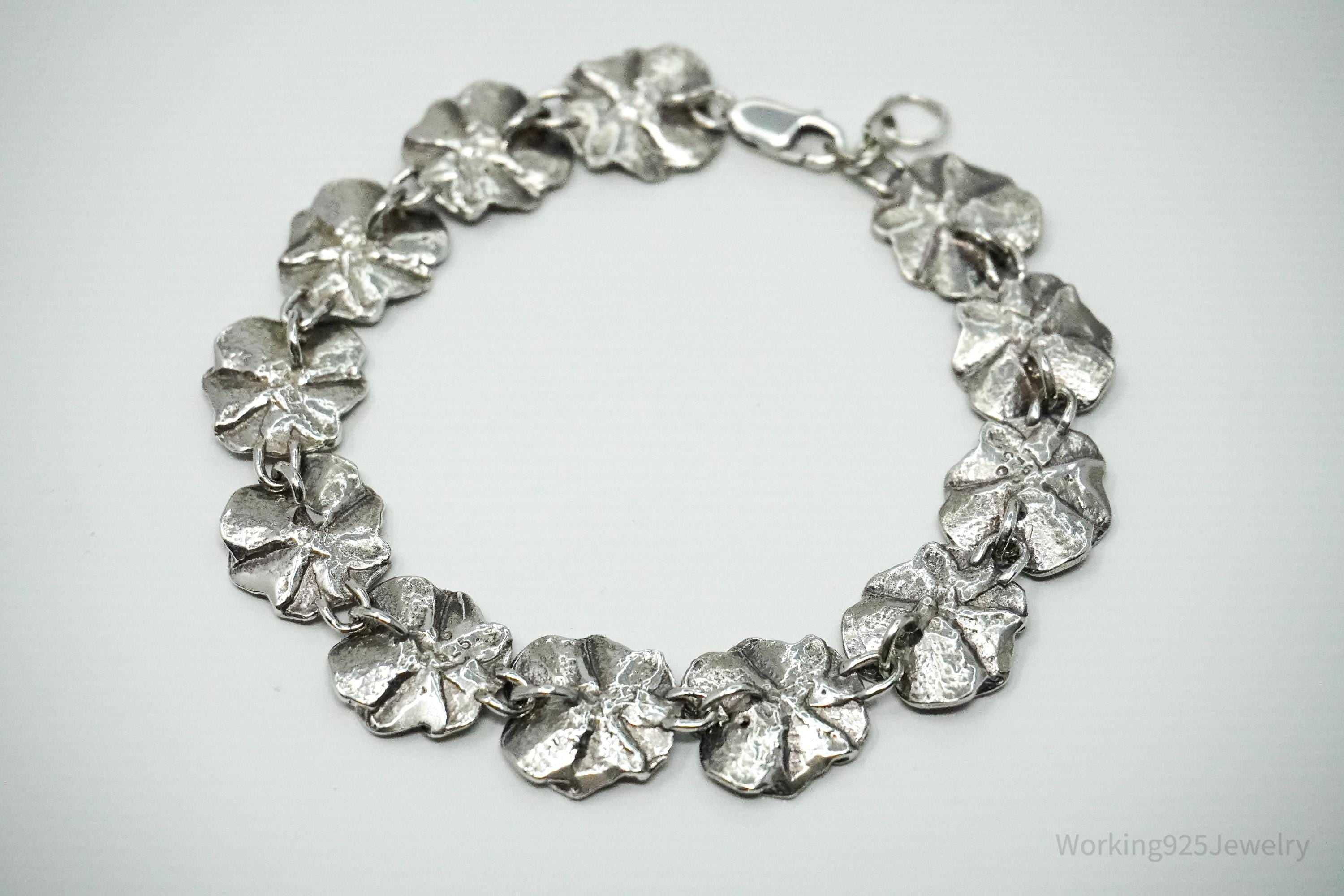 Vintage Flowers Sterling Silver Bracelet 8 1/8"