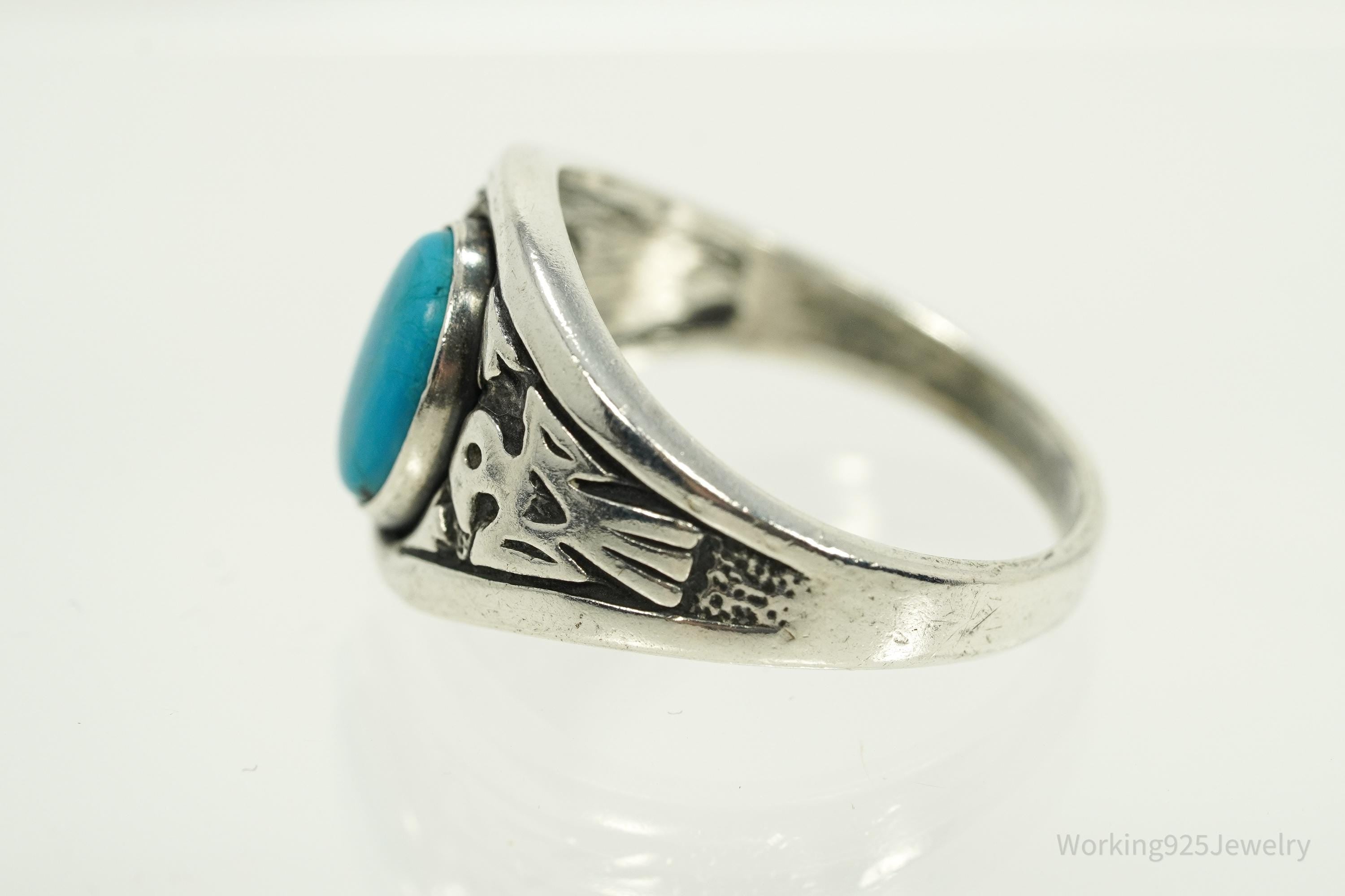 Vintage WMCO Turquoise ThunderBird Design Sterling Silver Ring - Size 8