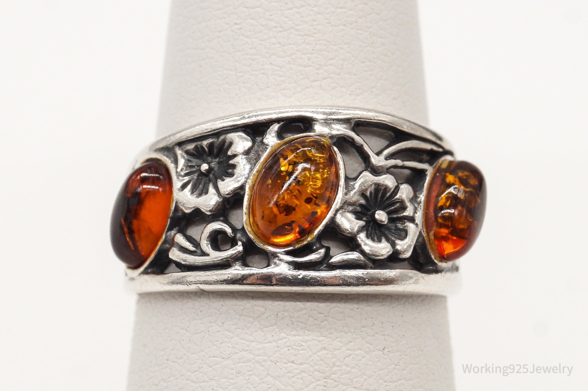 Vintage Baltic Amber Flowers Vines Sterling Silver Ring - Size 6.25