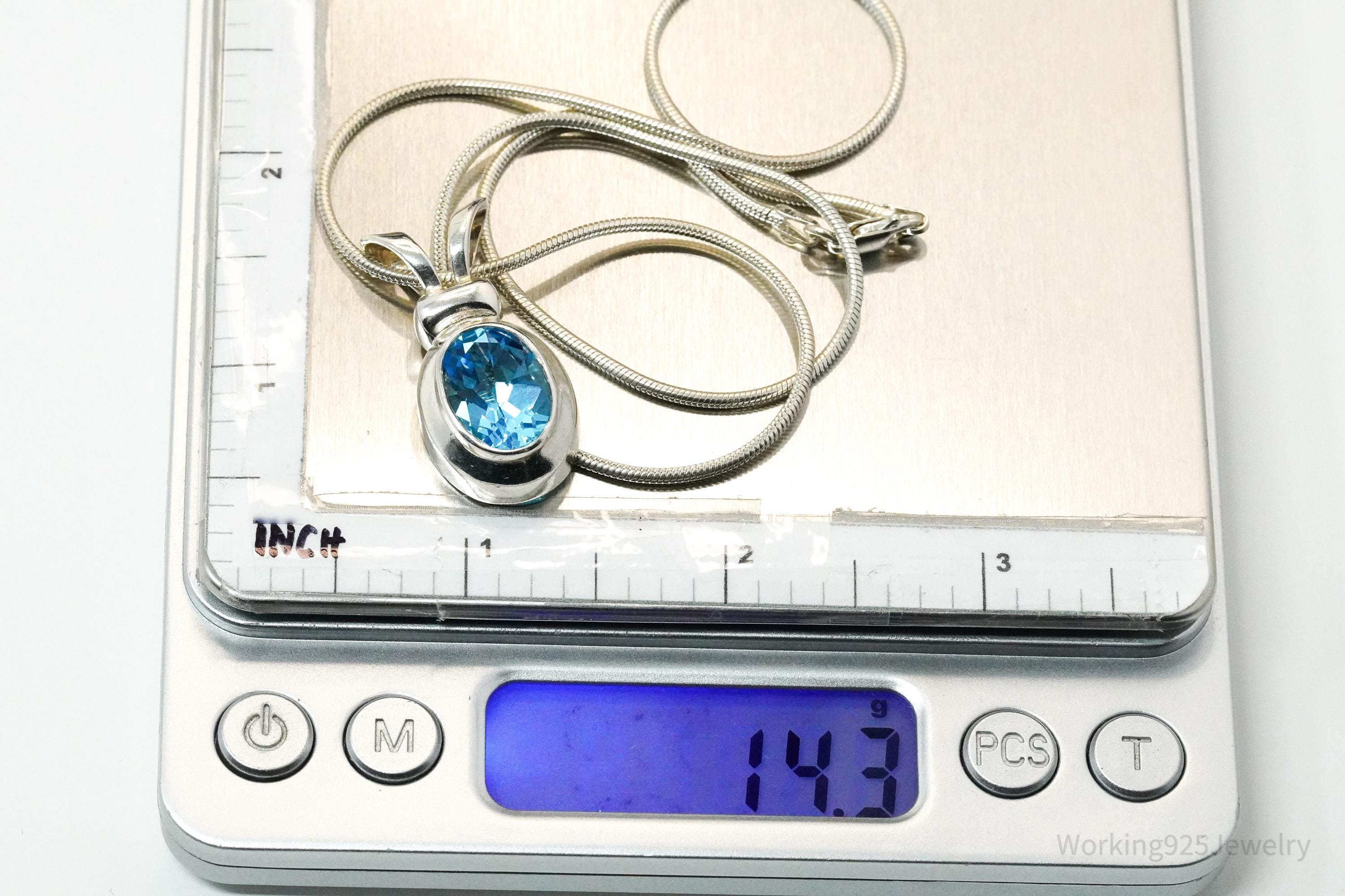 Vintage Large Blue Topaz Sterling Silver Necklace 18"