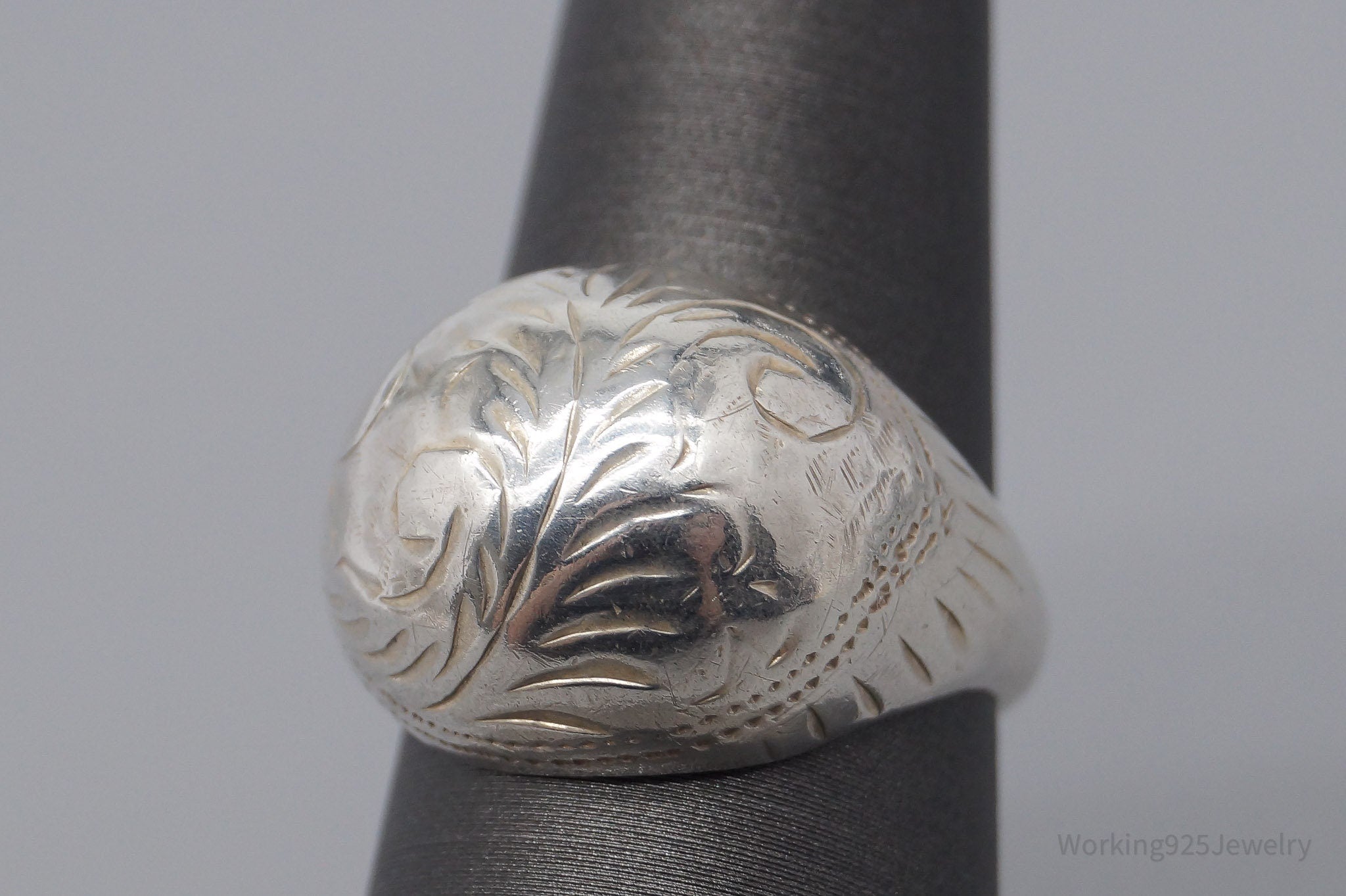 Vintage Floral Swirl Etched Sterling Silver Dome Ring - Size 6