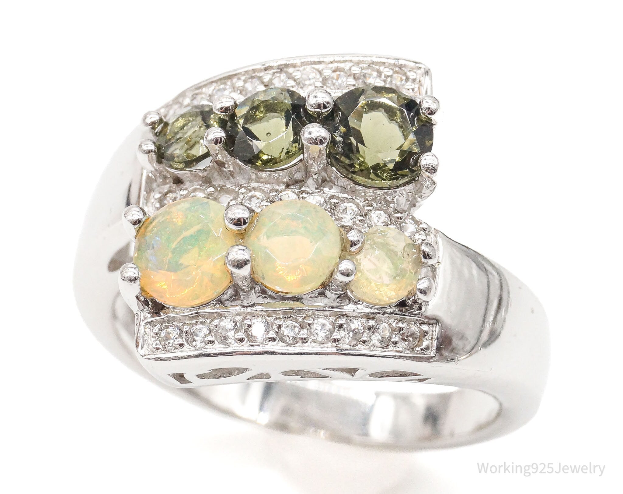 Demantoid Garnet Ethiopian Opal White Zircon Rhodium Sterling Silver Ring SZ 9