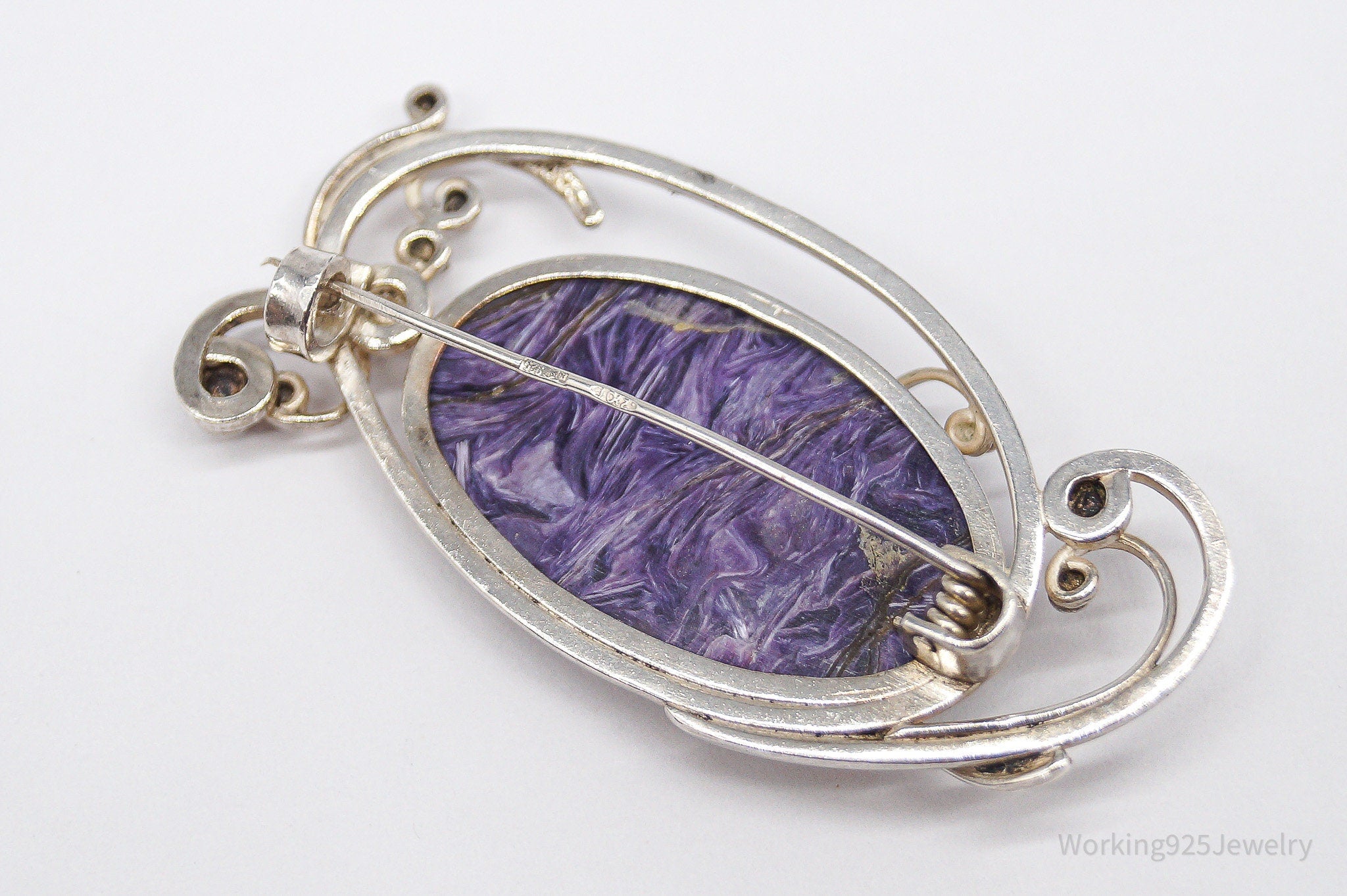 Antique Large Charoite Modernist Style Sterling Silver Russian Brooch Pin