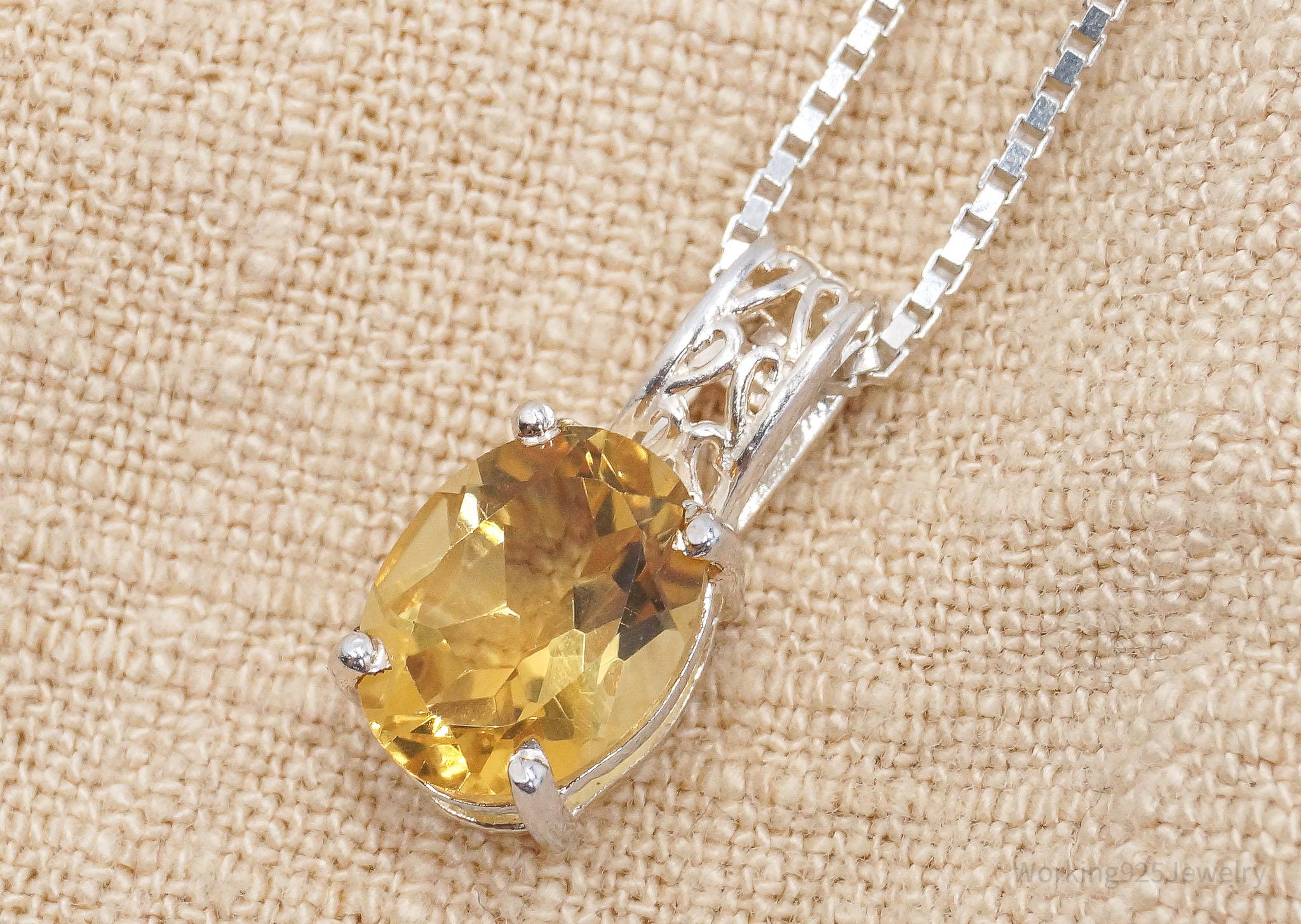 Vintage Large Citrine Sterling Silver Necklace 16"