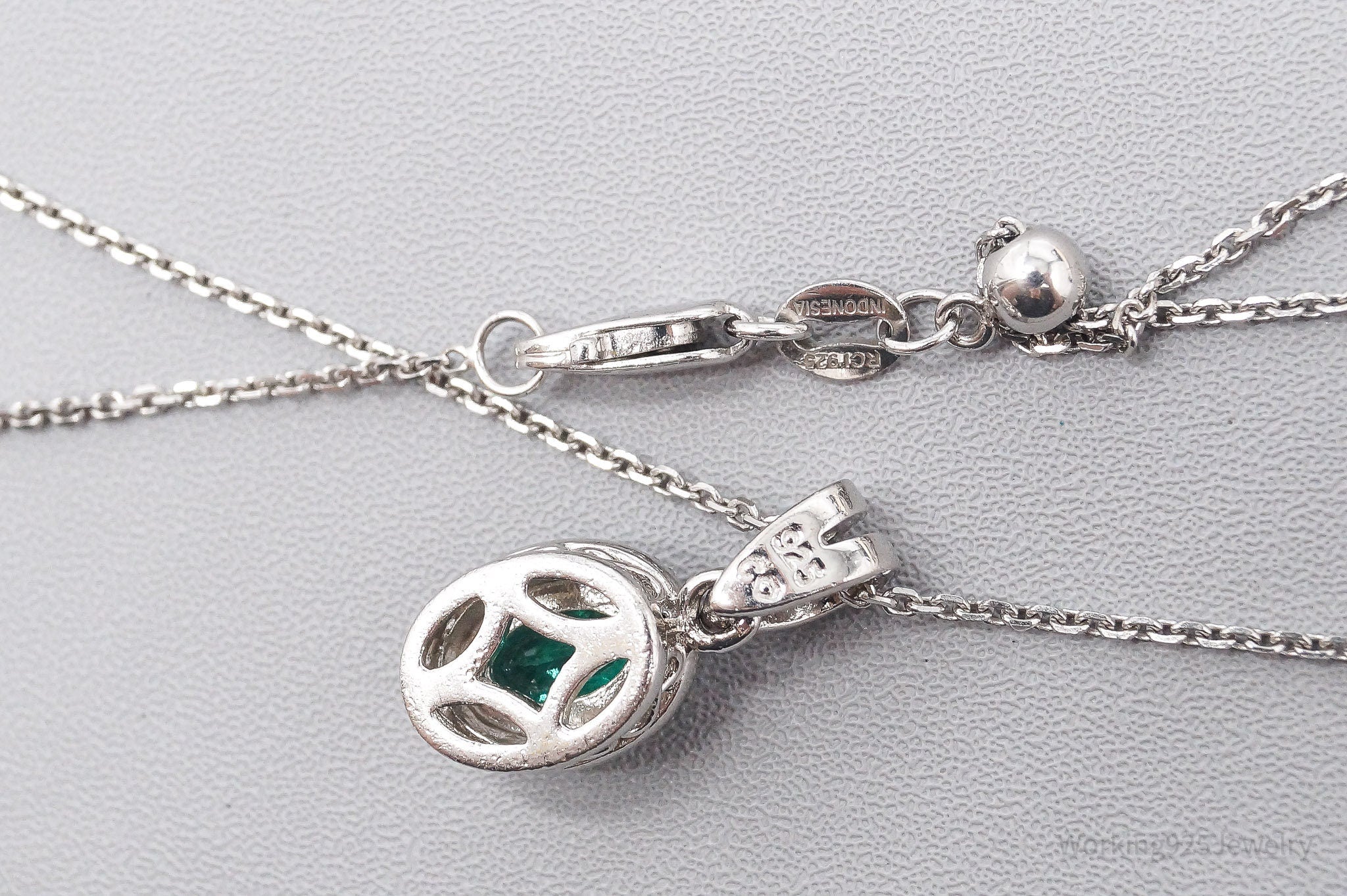 Vintage Lab Emerald Diamond Sterling Silver Necklace 22" Adjustable