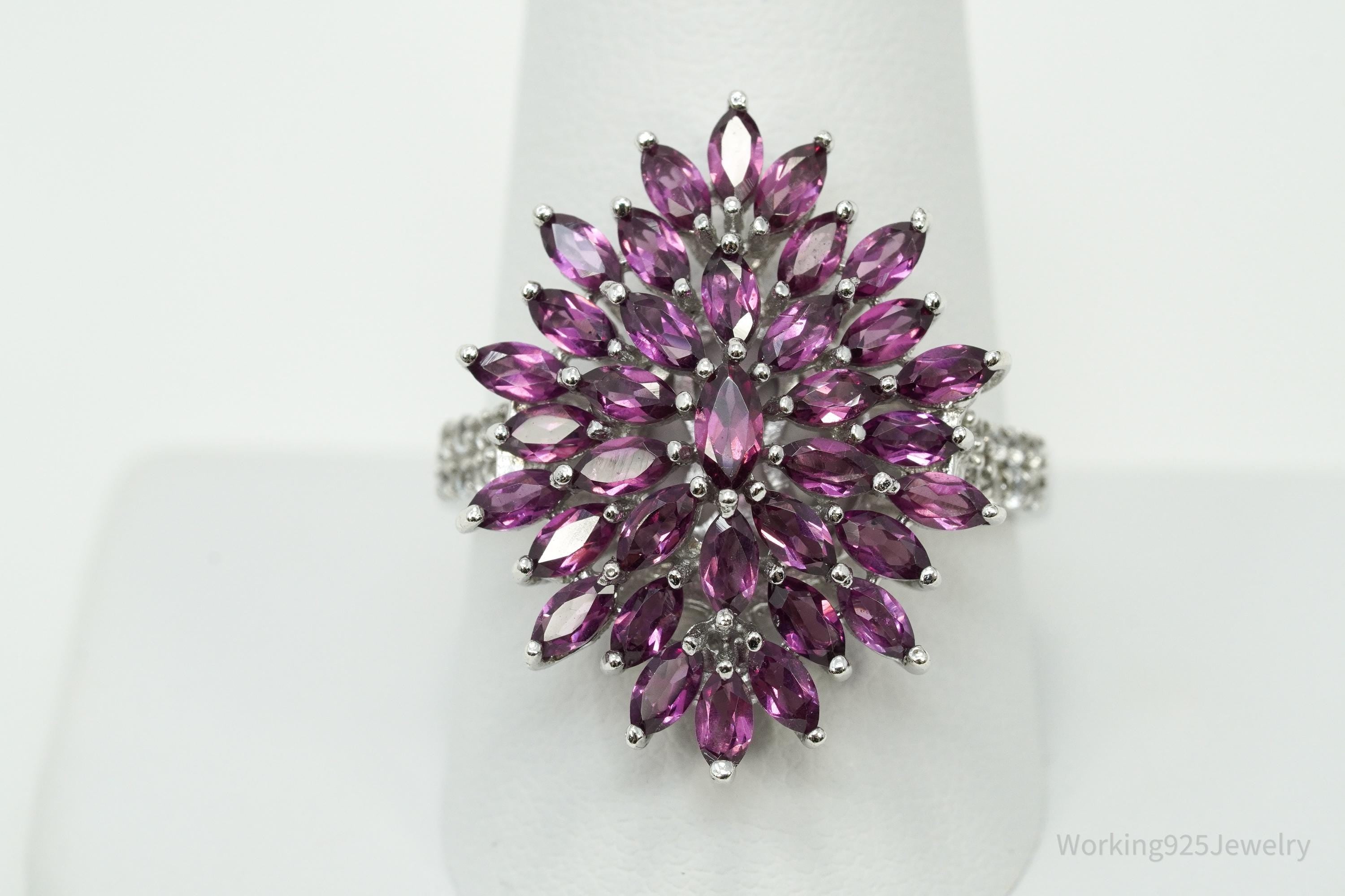 Rhodolite Garnet & White Zircon Sterling Silver Ring - Size 10.25