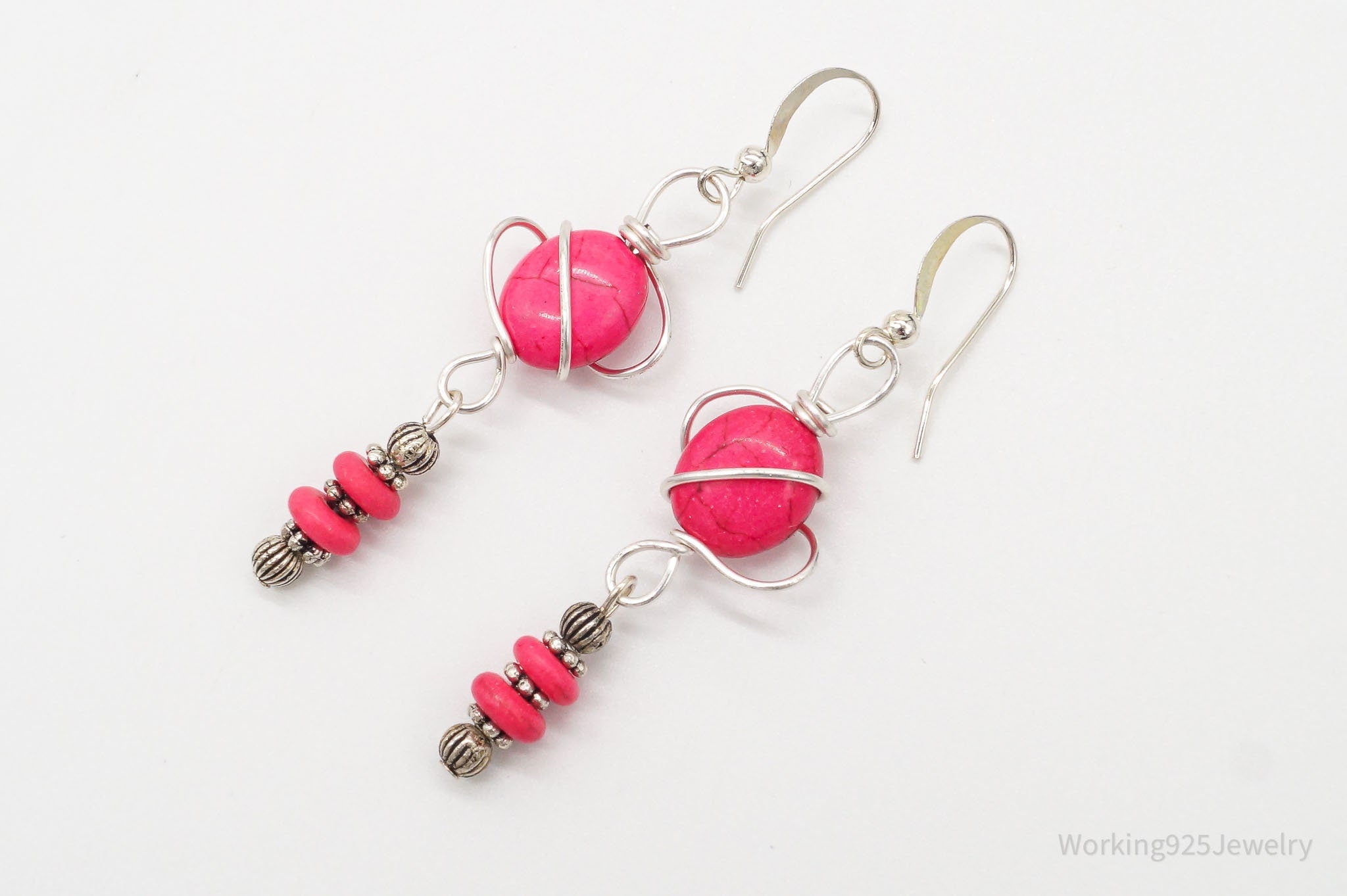 Vintage Pink Howlite Silver Earrings