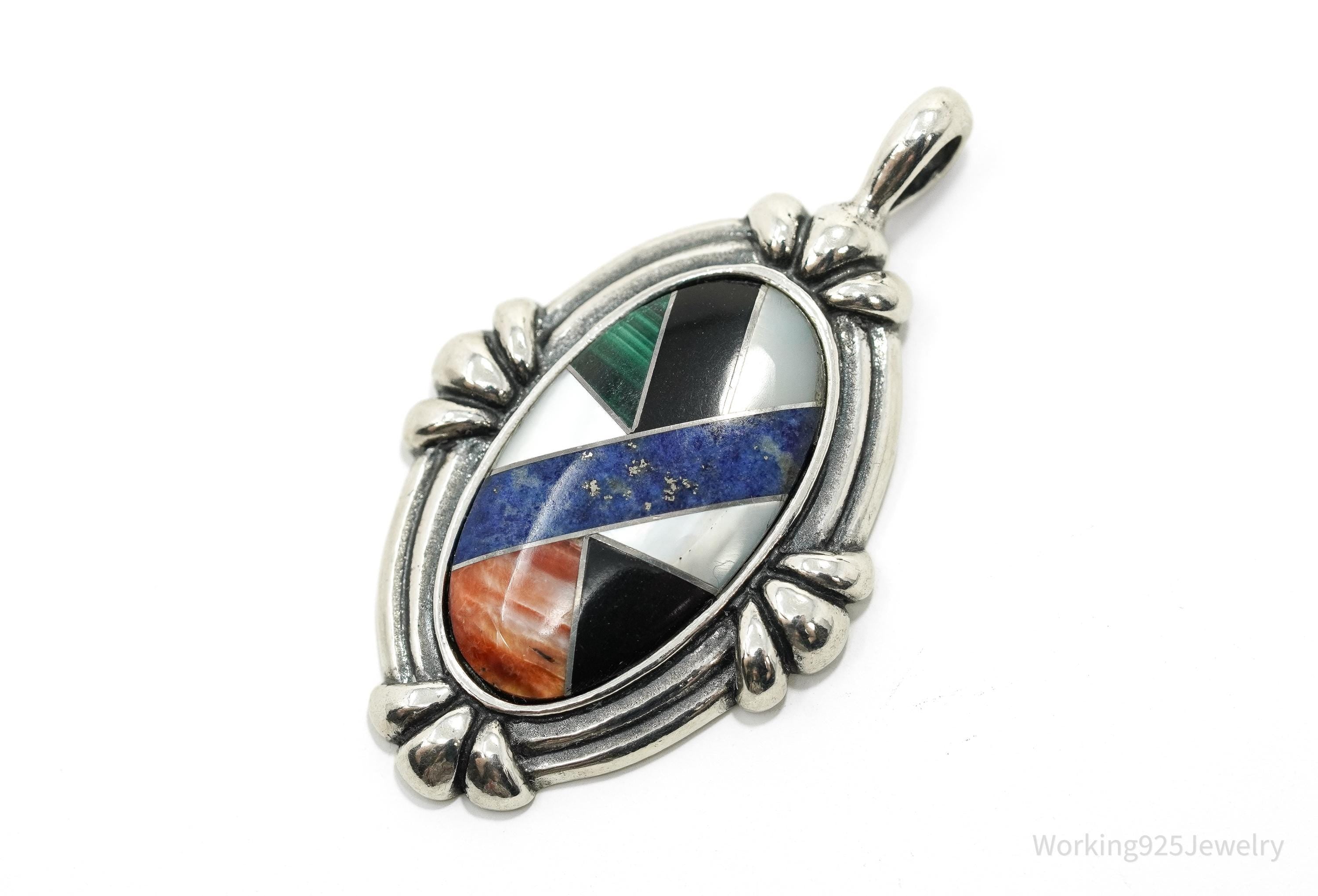 Vintage Designer Carolyn Pollack Multi Gemstone Inlay Sterling Silver Pendant