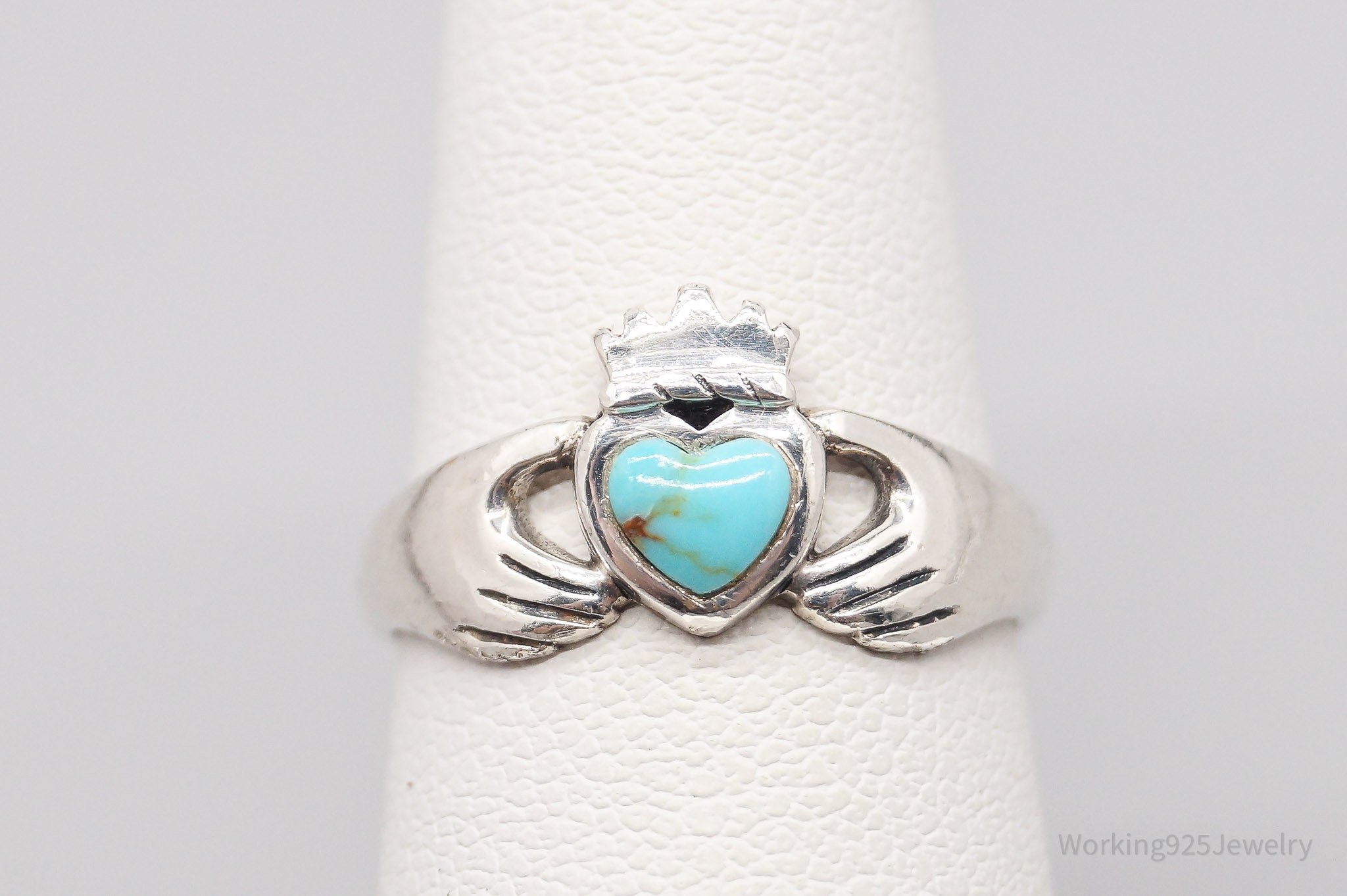 Vintage Boma Claddagh Turquoise Heart Sterling Silver Ring - Size 5.75