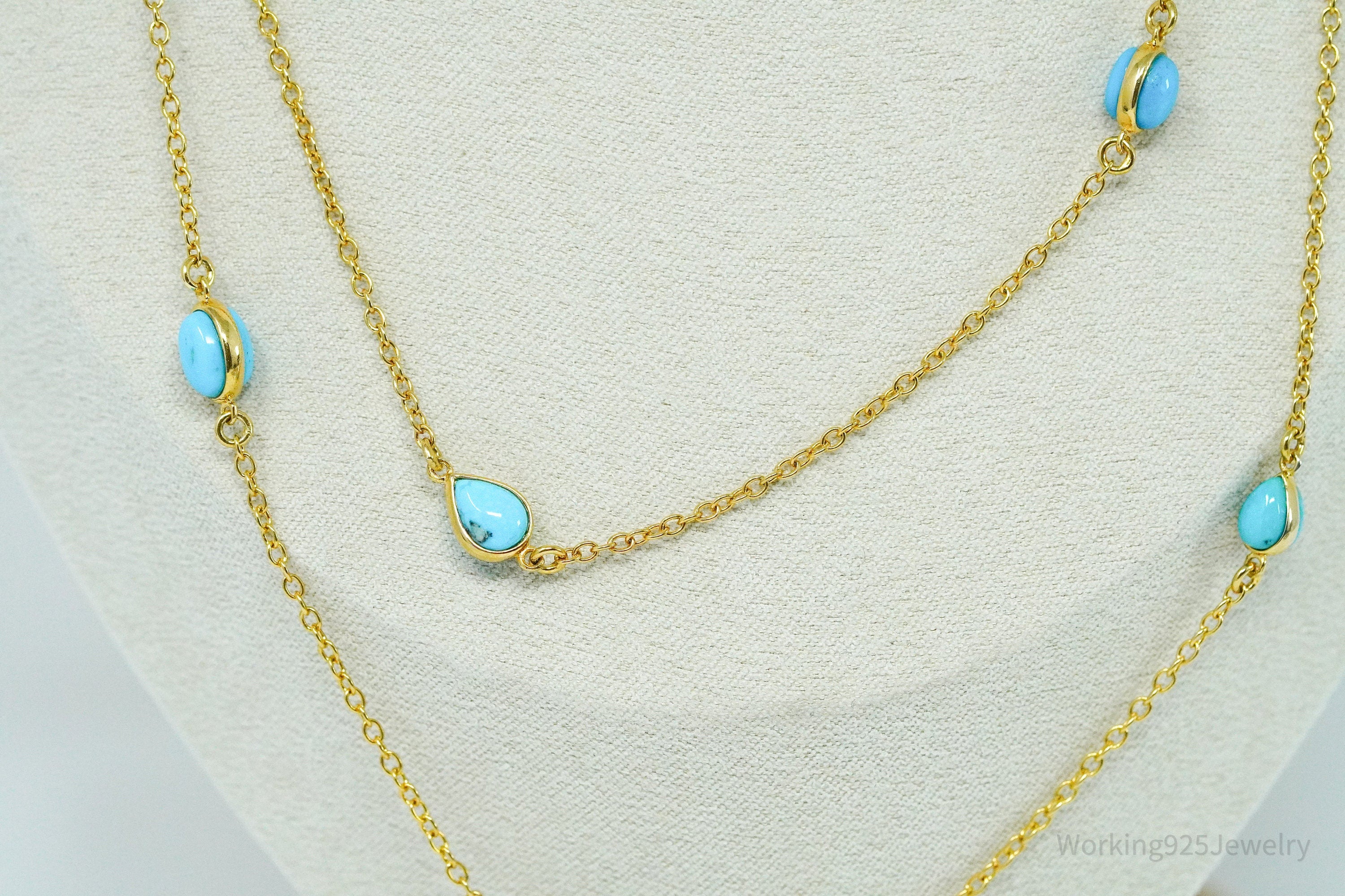 Long Vintage Turquoise Gold Vermeil Sterling Silver Necklace 36"