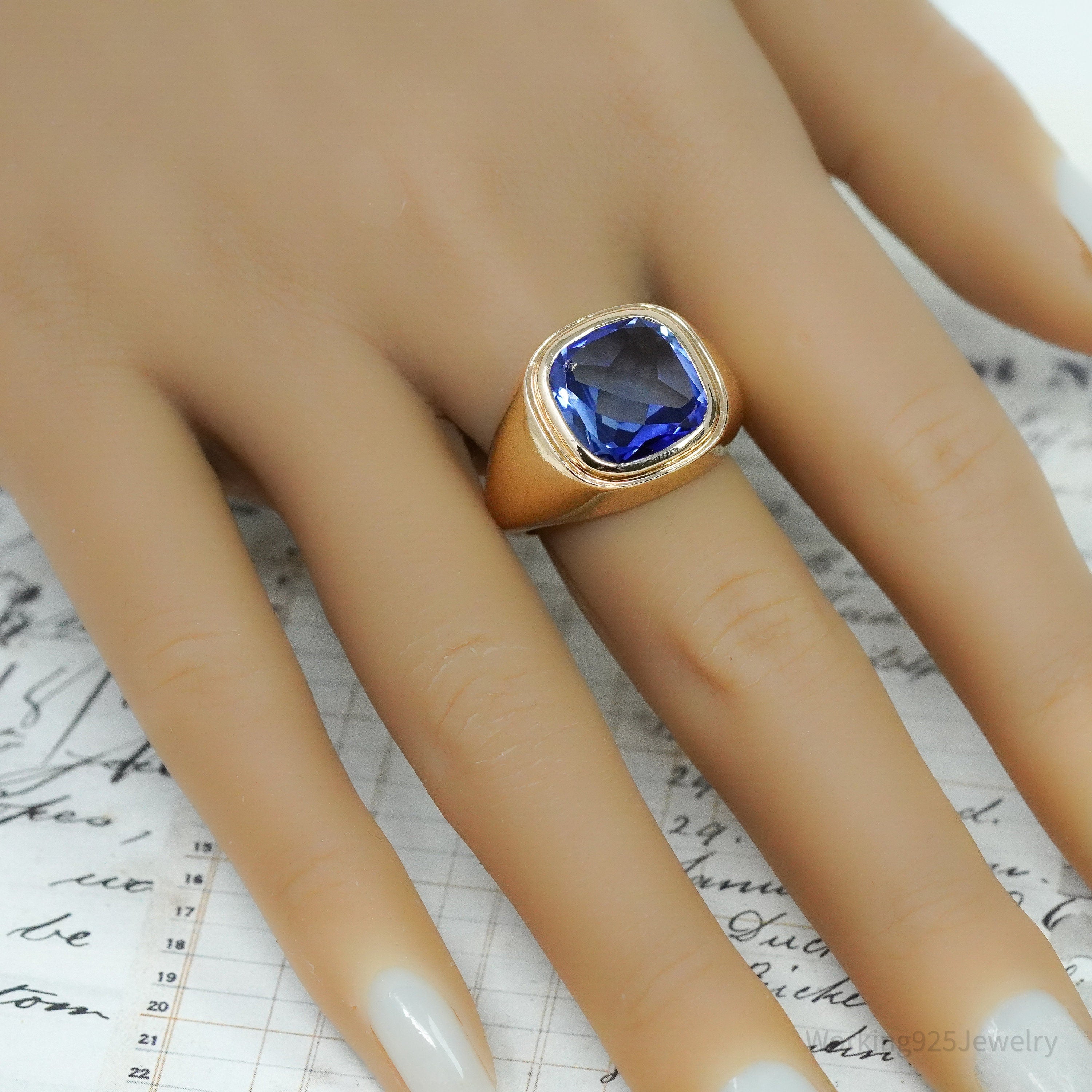 14K Yellow Gold & Synthetic Sapphire Ring - Size 9.75