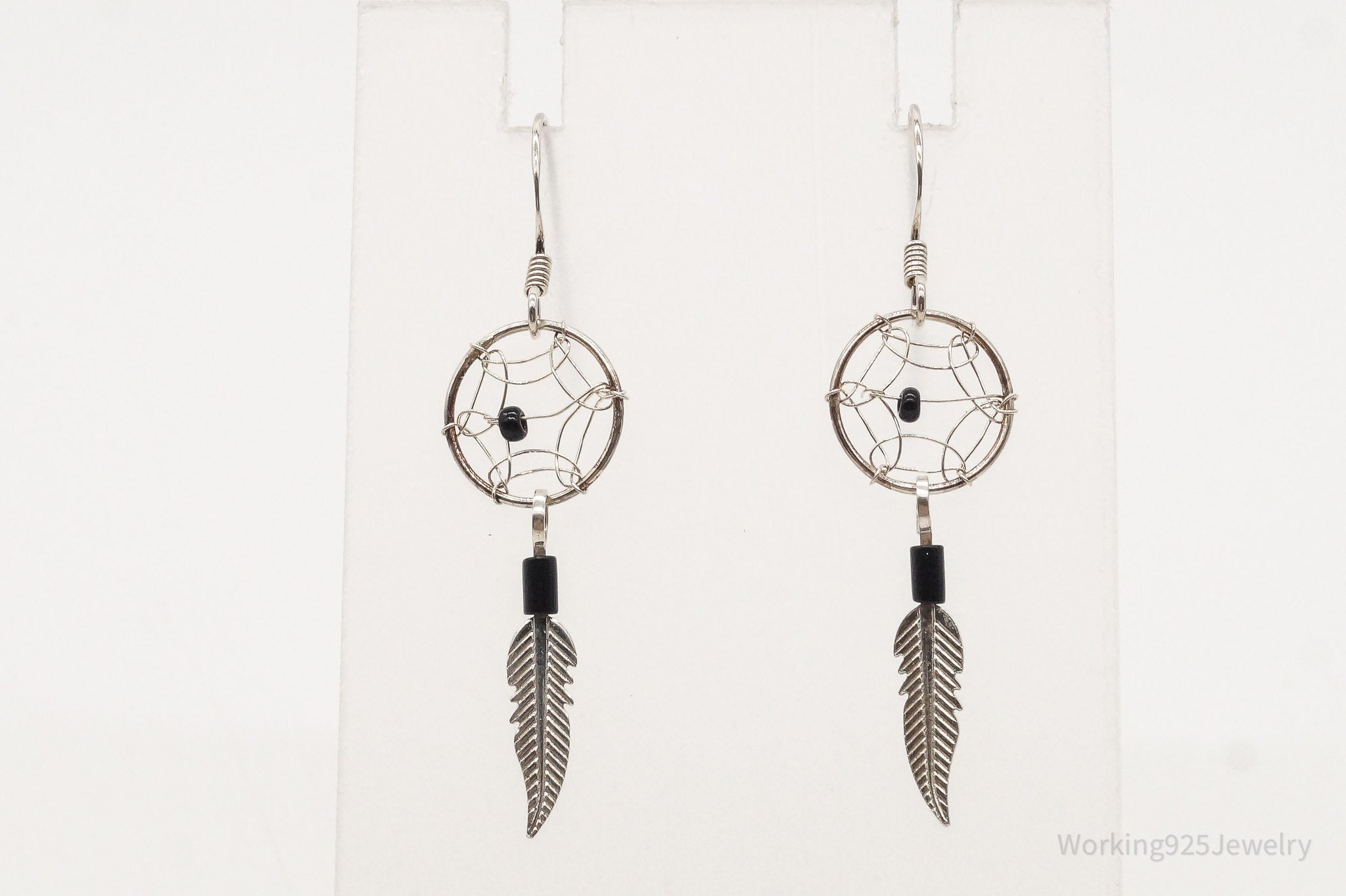 Vintage Native American Black Onyx Dream Catcher Silver Earrings