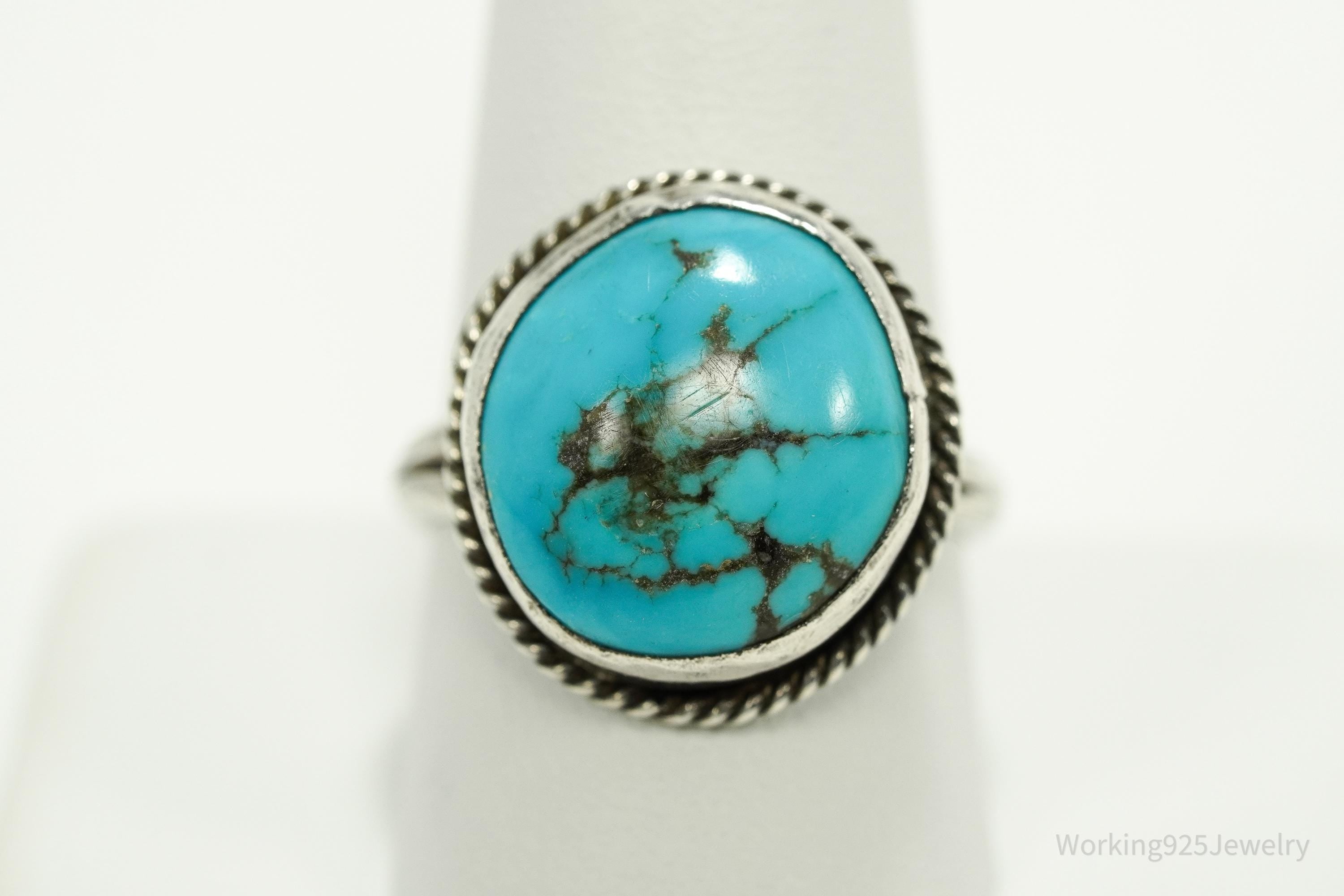 Vintage Handmade Native American Turquoise Unsigned Silver Ring - Size 10.25
