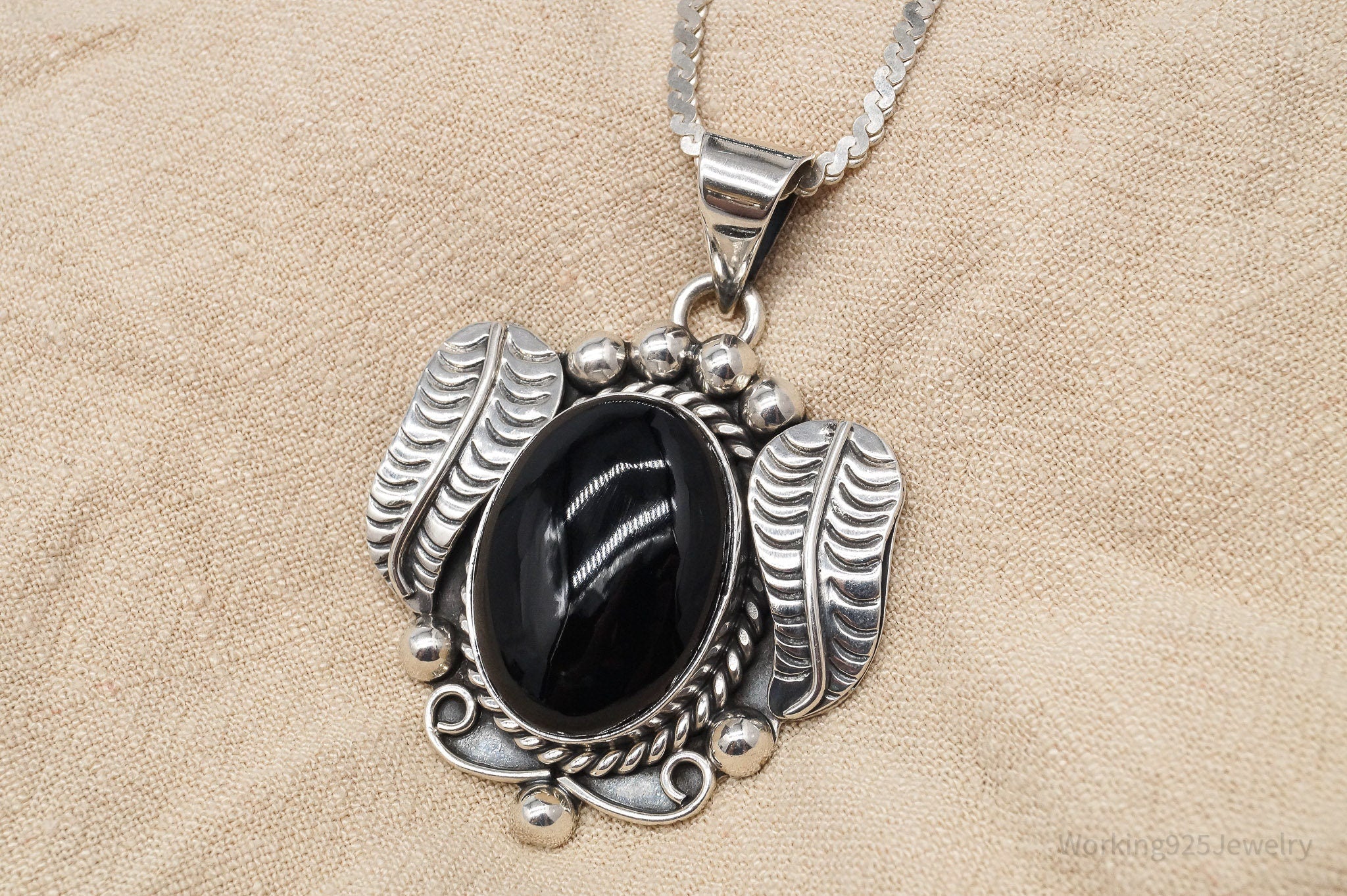 Vintage Mexico Black Onyx Sterling Silver Necklace 30"