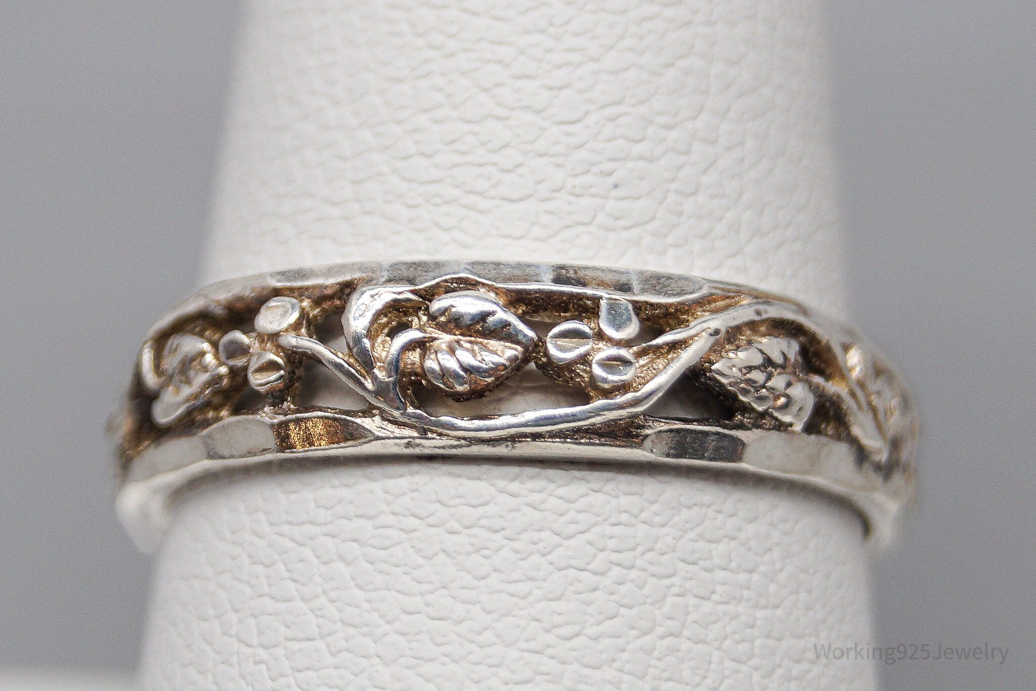 Vintage Art Nouveau Floral Vines Sterling Silver Band Ring - Size 8.75