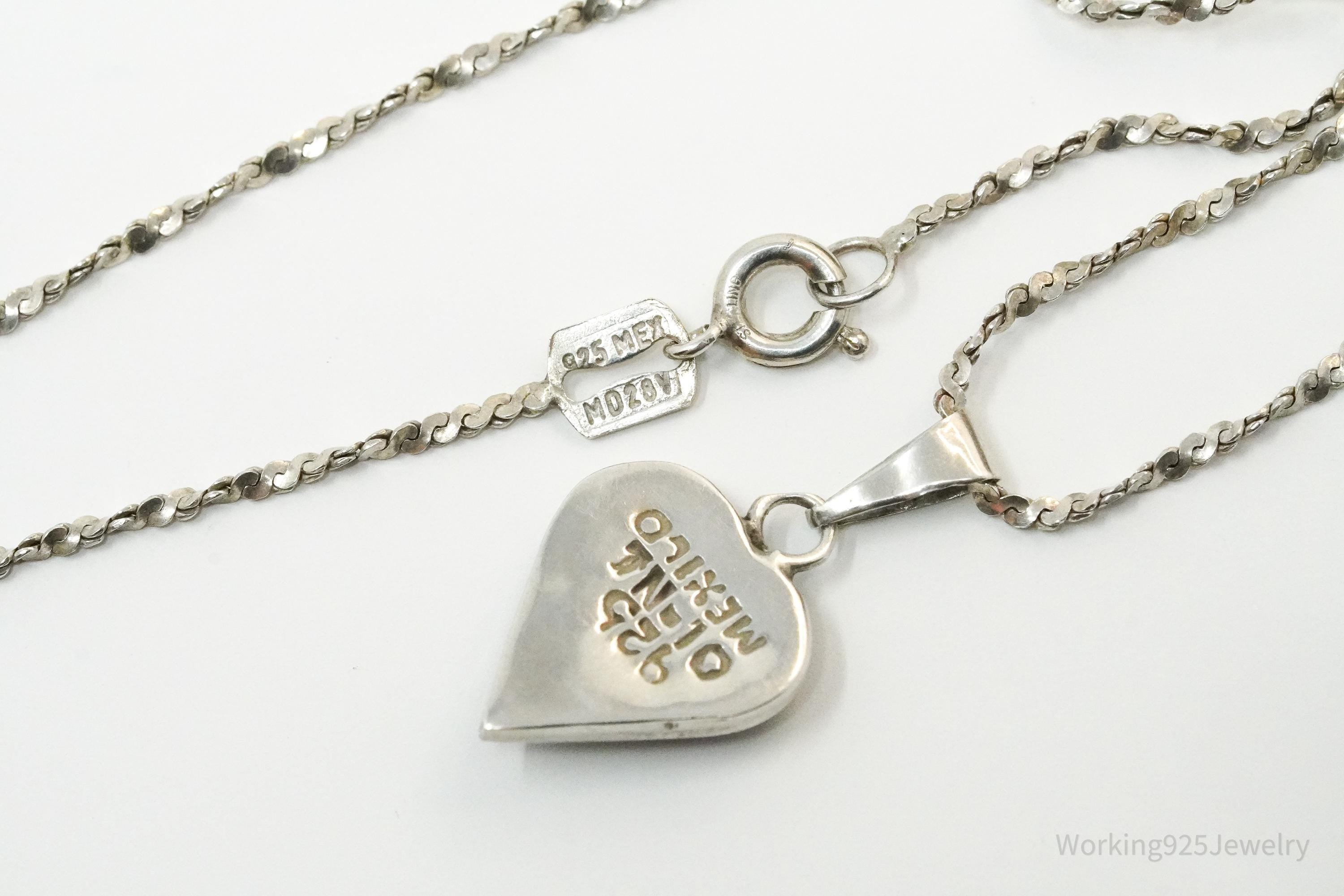 Vintage Mexico Modernist Heart Sterling Silver Necklace 20"