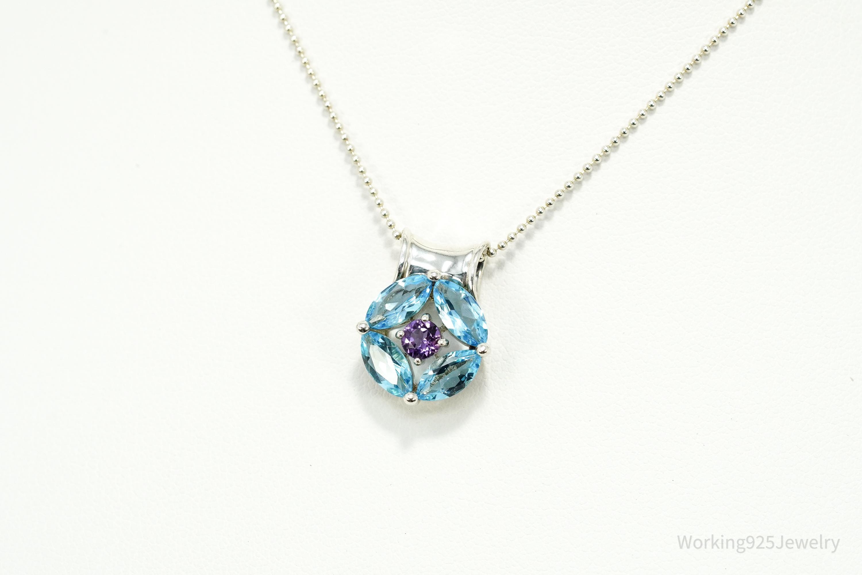 Vintage Designer S&G Blue Topaz Amethyst Sterling Silver Necklace 20"