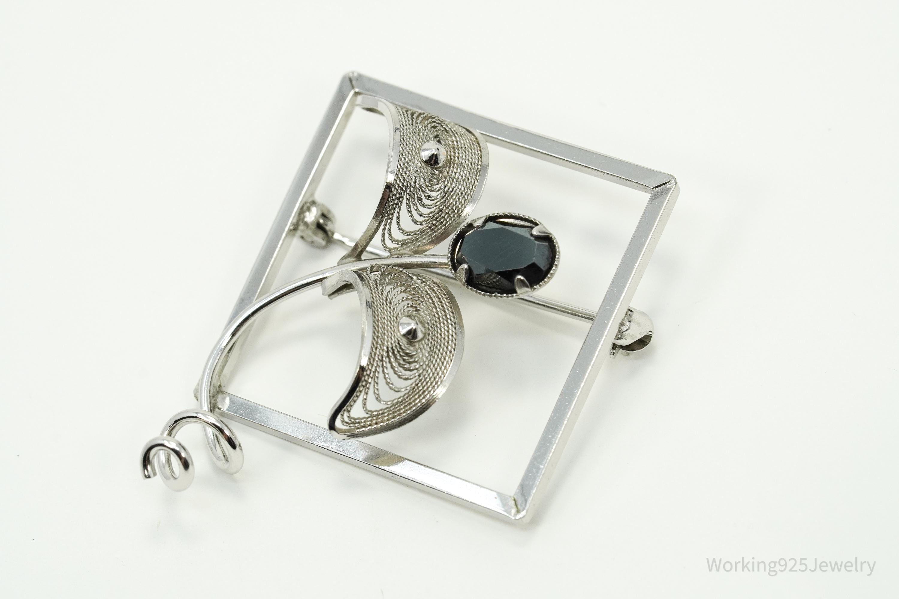 Vintage Designer CR Co Hematite Filigree Sterling Silver Brooch Pin
