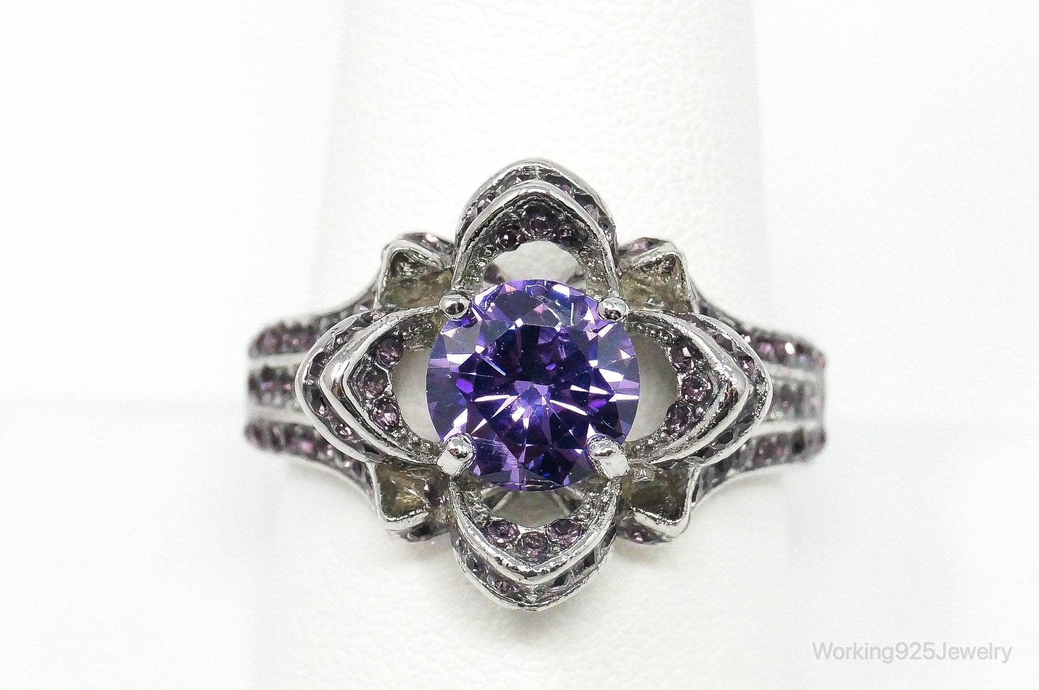 Vintage Purple Cubic Zirconia Amethyst Sterling Silver Ring - Size 10