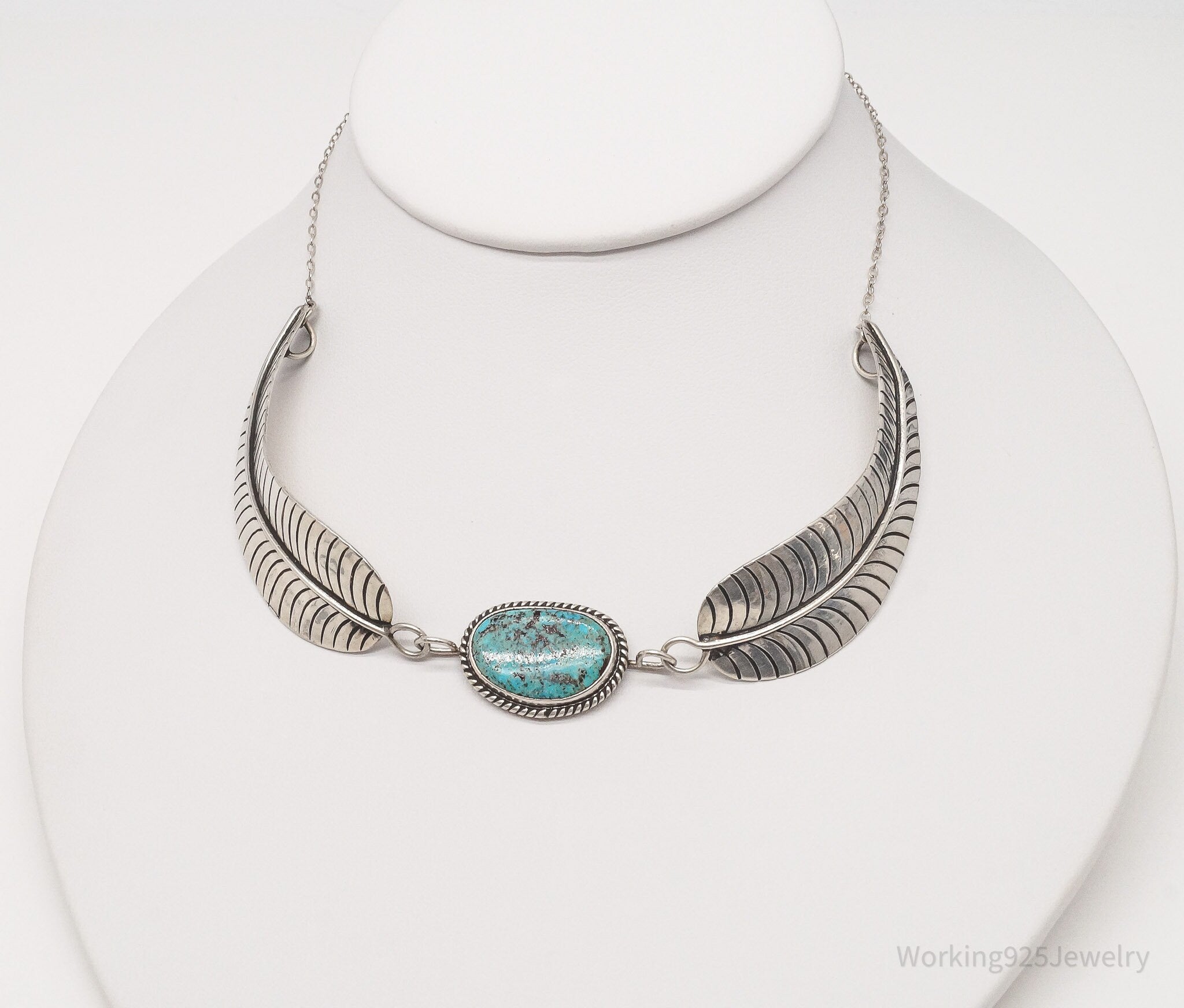 Vintage Native American J Hawk Turquoise Sterling Silver Necklace