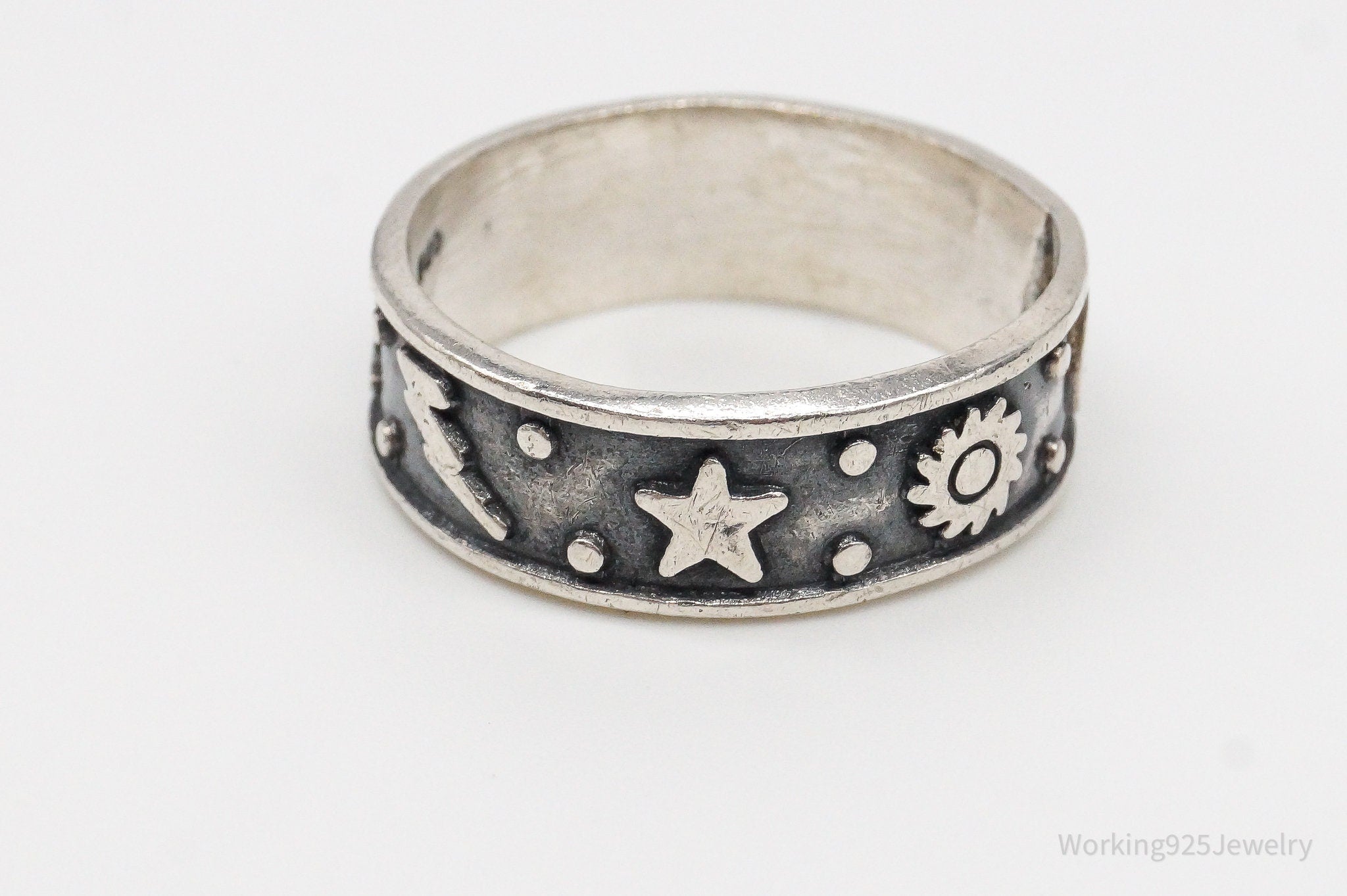 Vintage Star Moon Stars Oxidized Sterling Silver Band Ring - Size 11.25