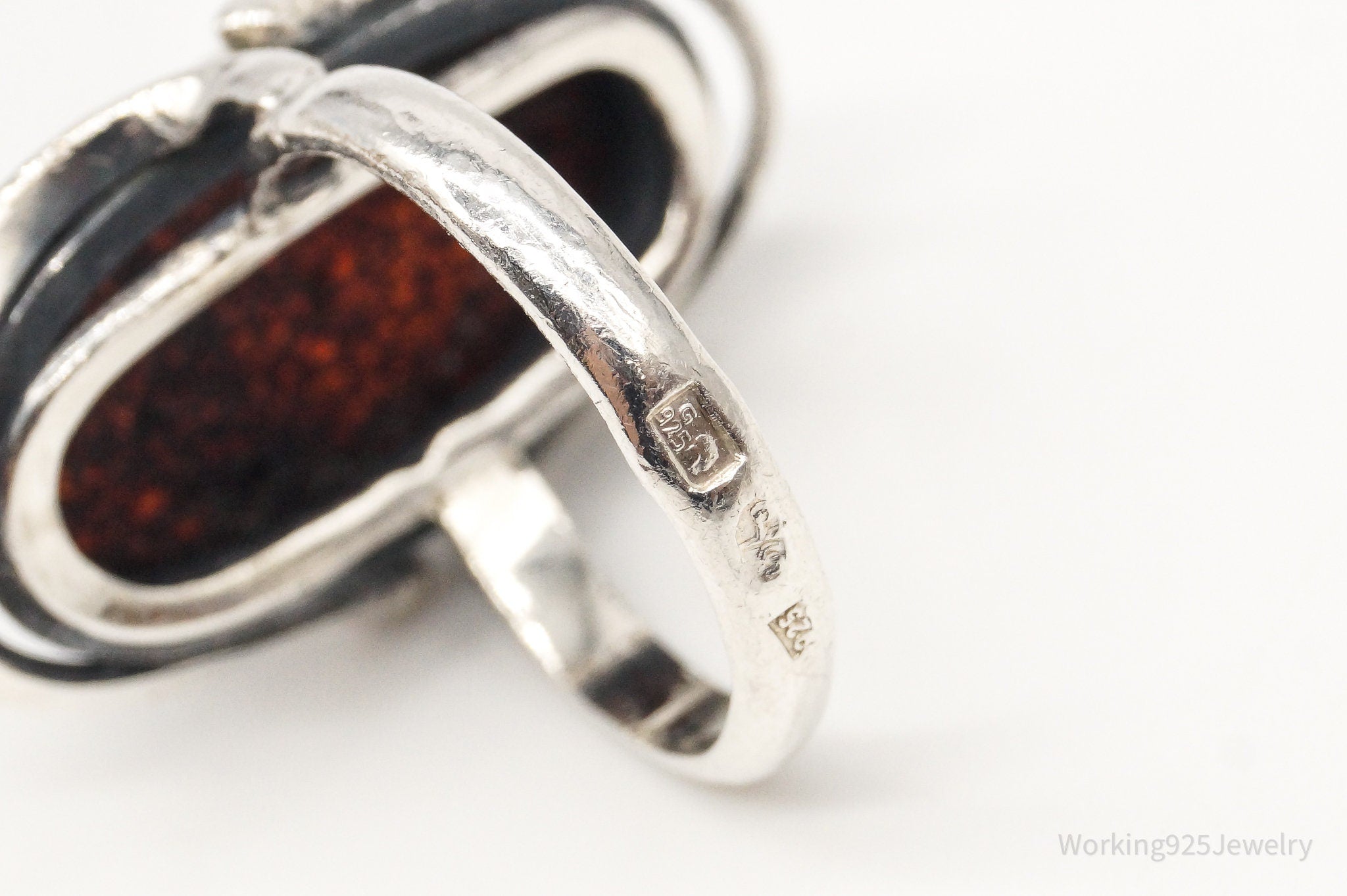 Vintage Polish Amber Modernist Sterling Silver Ring - Size 8.25