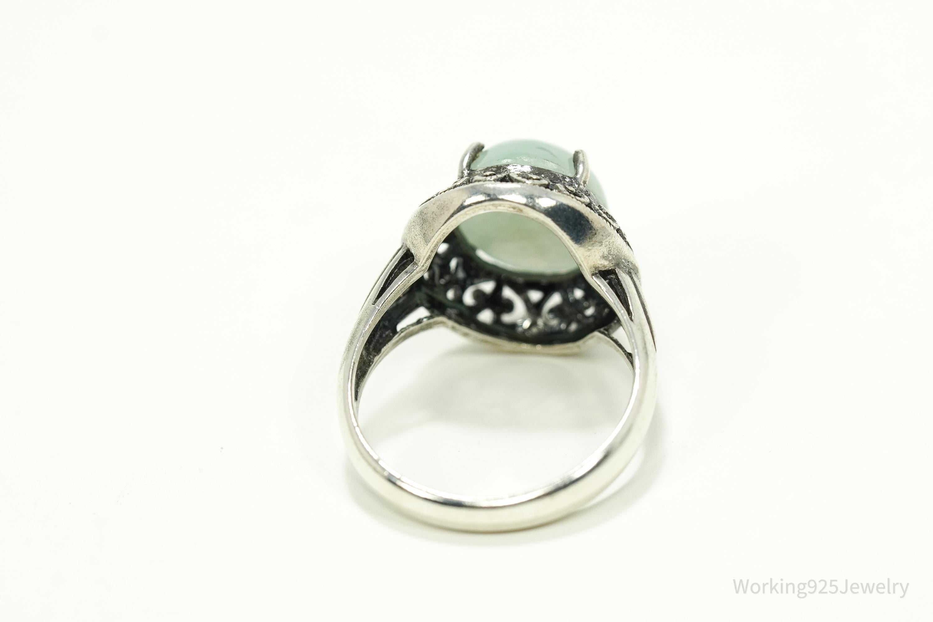 Vintage CNA Green Jade Sterling Silver Ring - Size 7