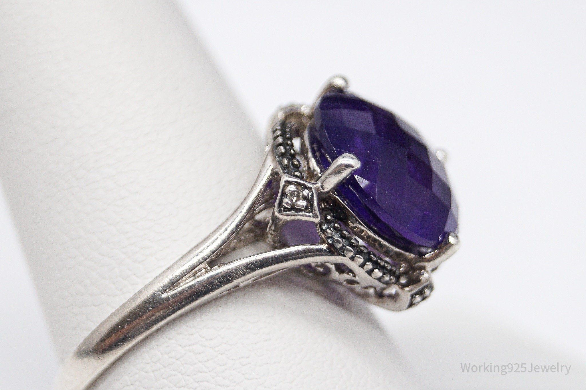 Vintage Amethyst & Diamond Sterling Silver Ring - Size 10
