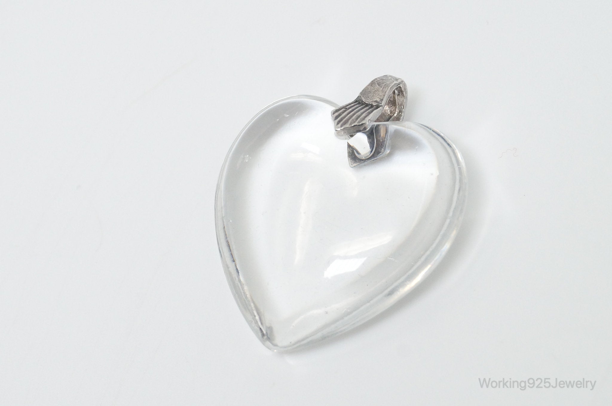 Vintage Large Glass Heart Sterling Silver Necklace Pendant