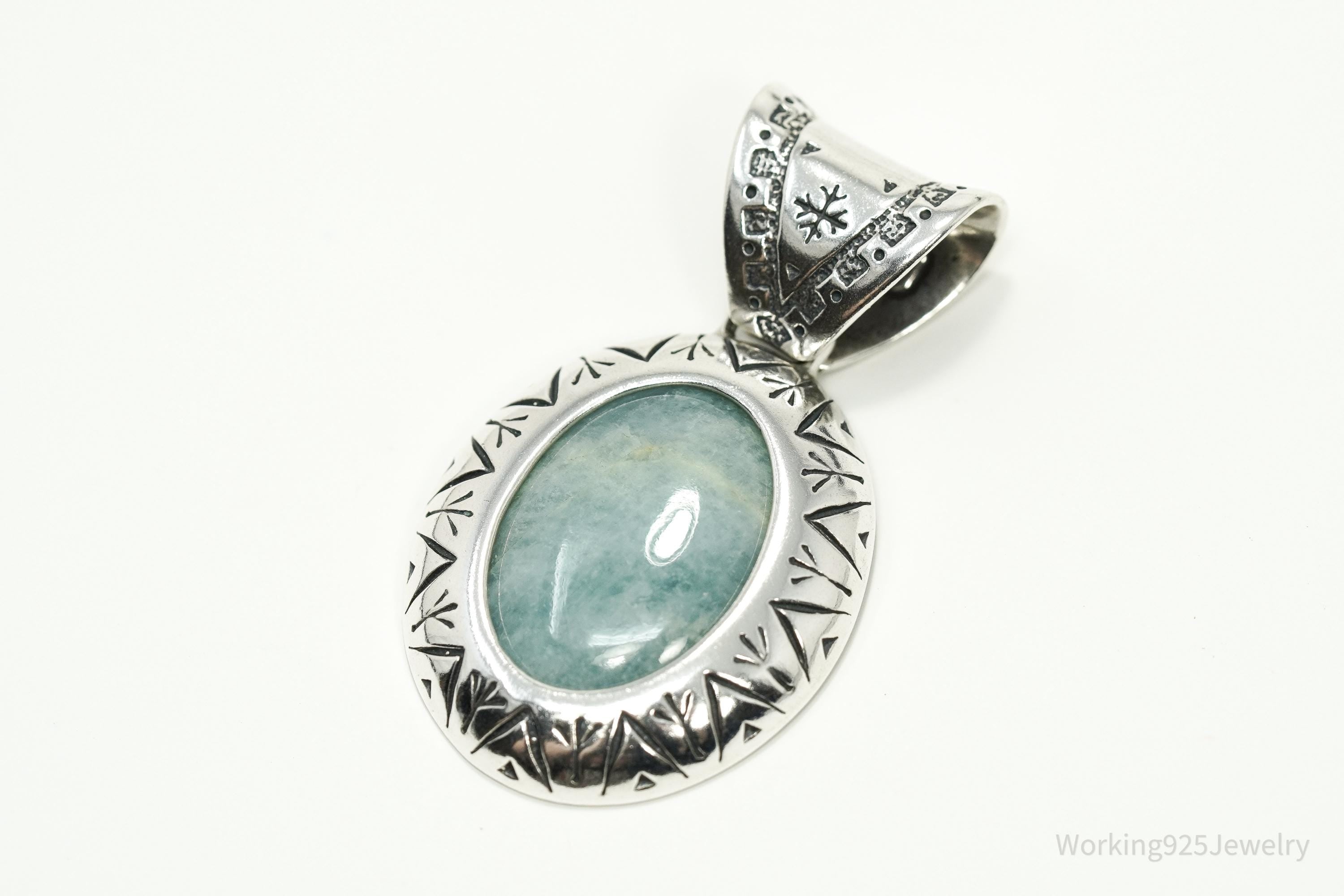 Large Vintage Carolyn Pollack Relios Milky Aquamarine Sterling Silver Pendant 2"