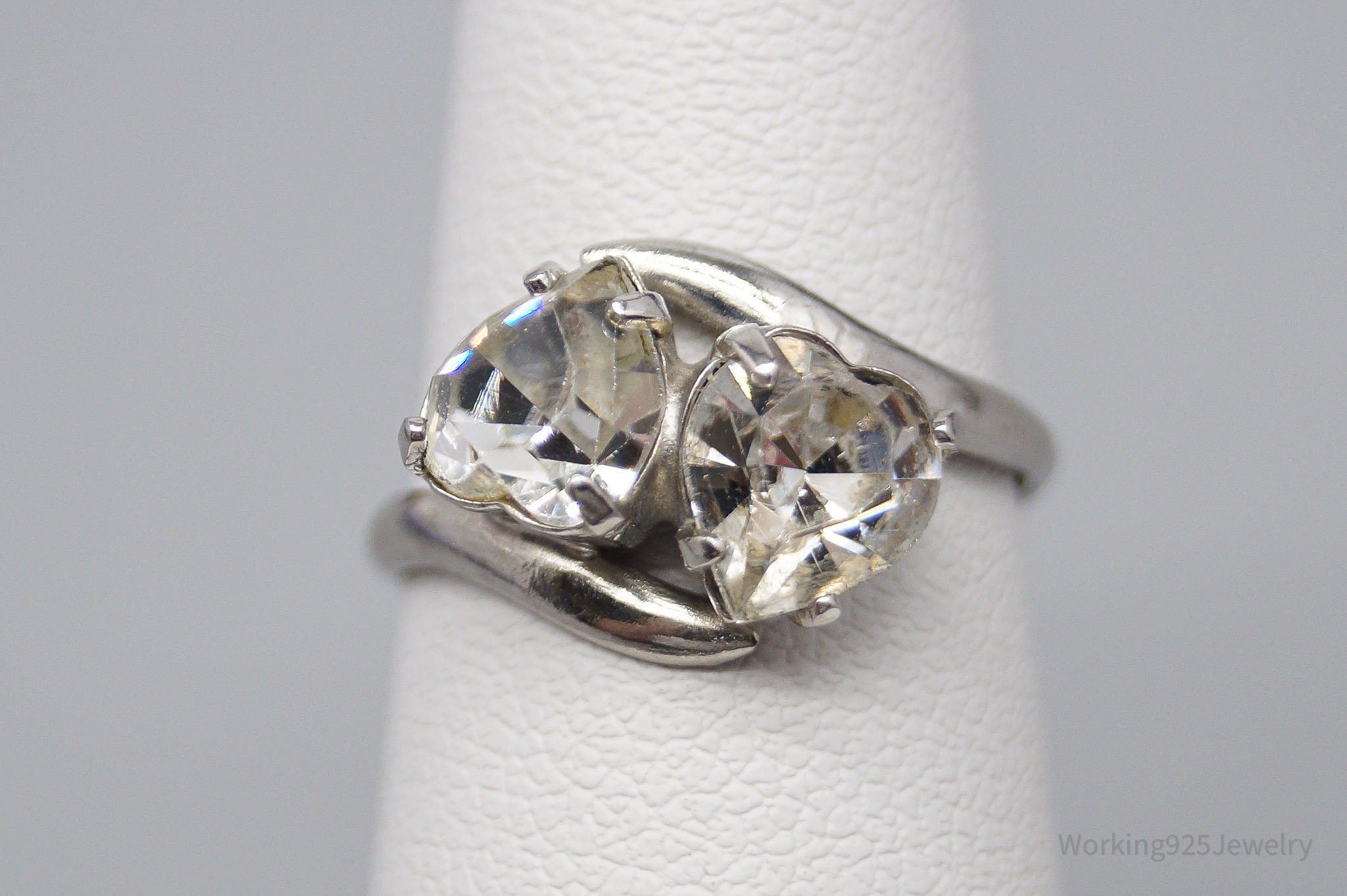 Vintage 1950s McGrath Hamin Rhinestone Hearts Sterling Silver Ring - Size 4.25