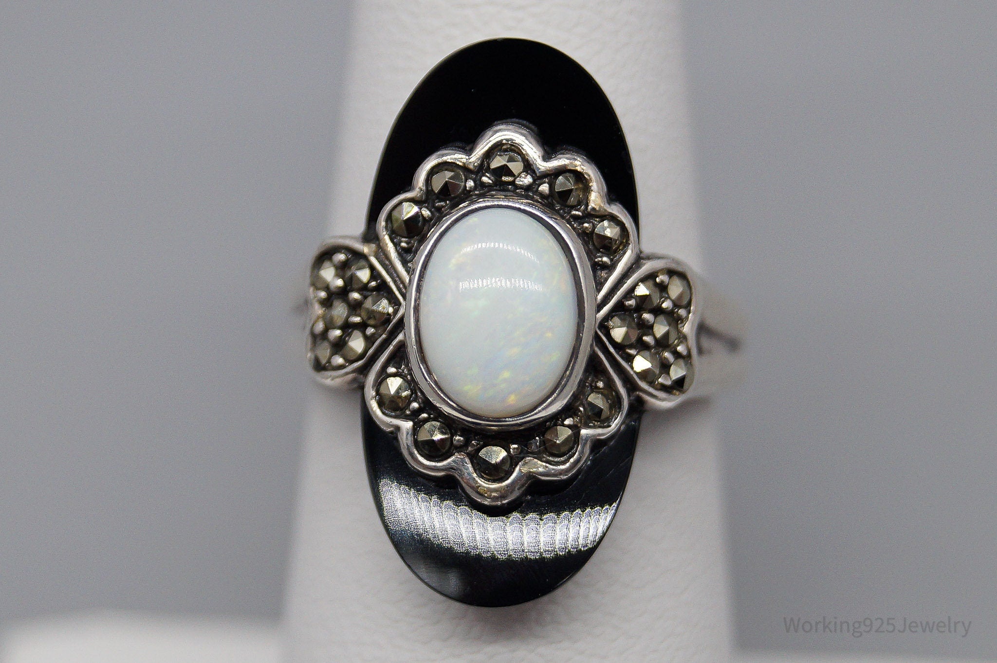 VTG Chapal-Zenray Opal Black Onyx Marcasite Sterling Silver Ring Size 6