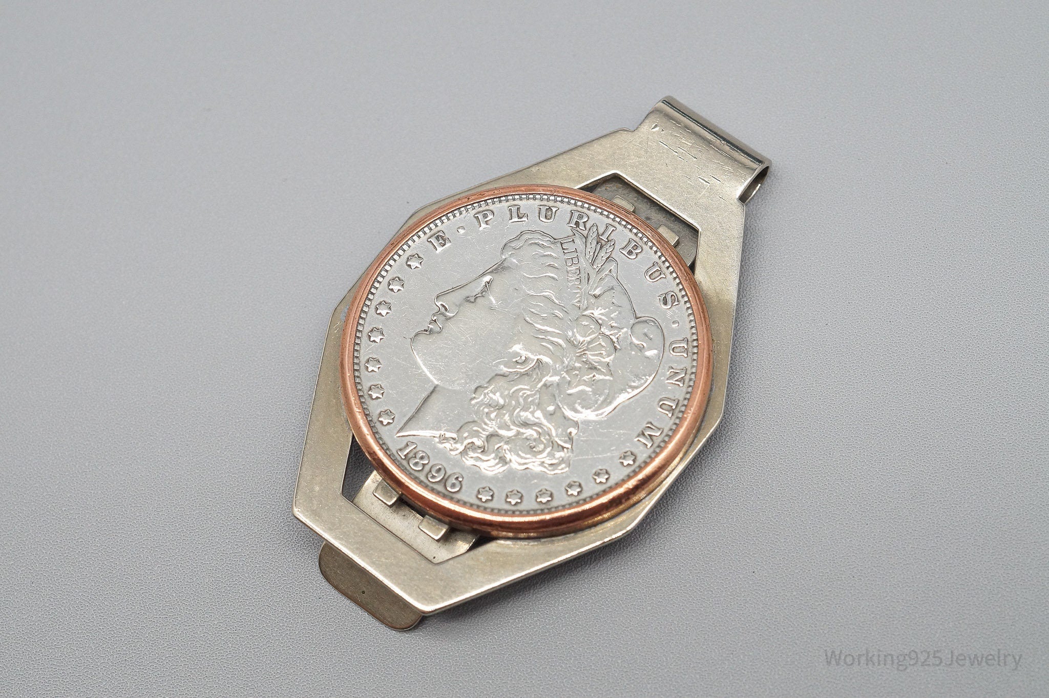 Antique 1896 Morgan Silver Dollar Coin Bell Trading Post Nickel Silver Money Clip