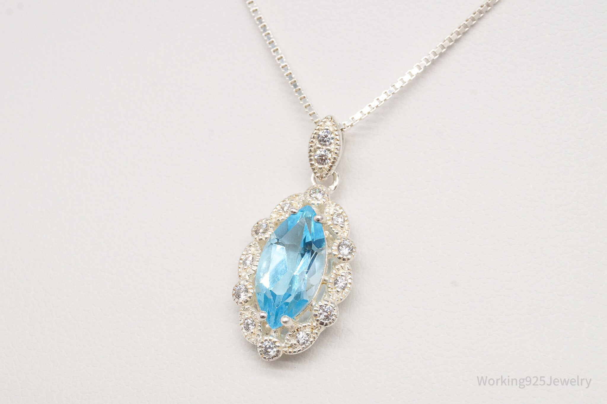 Vintage Blue Topaz Cubic Zirconia Sterling Silver Necklace 18"